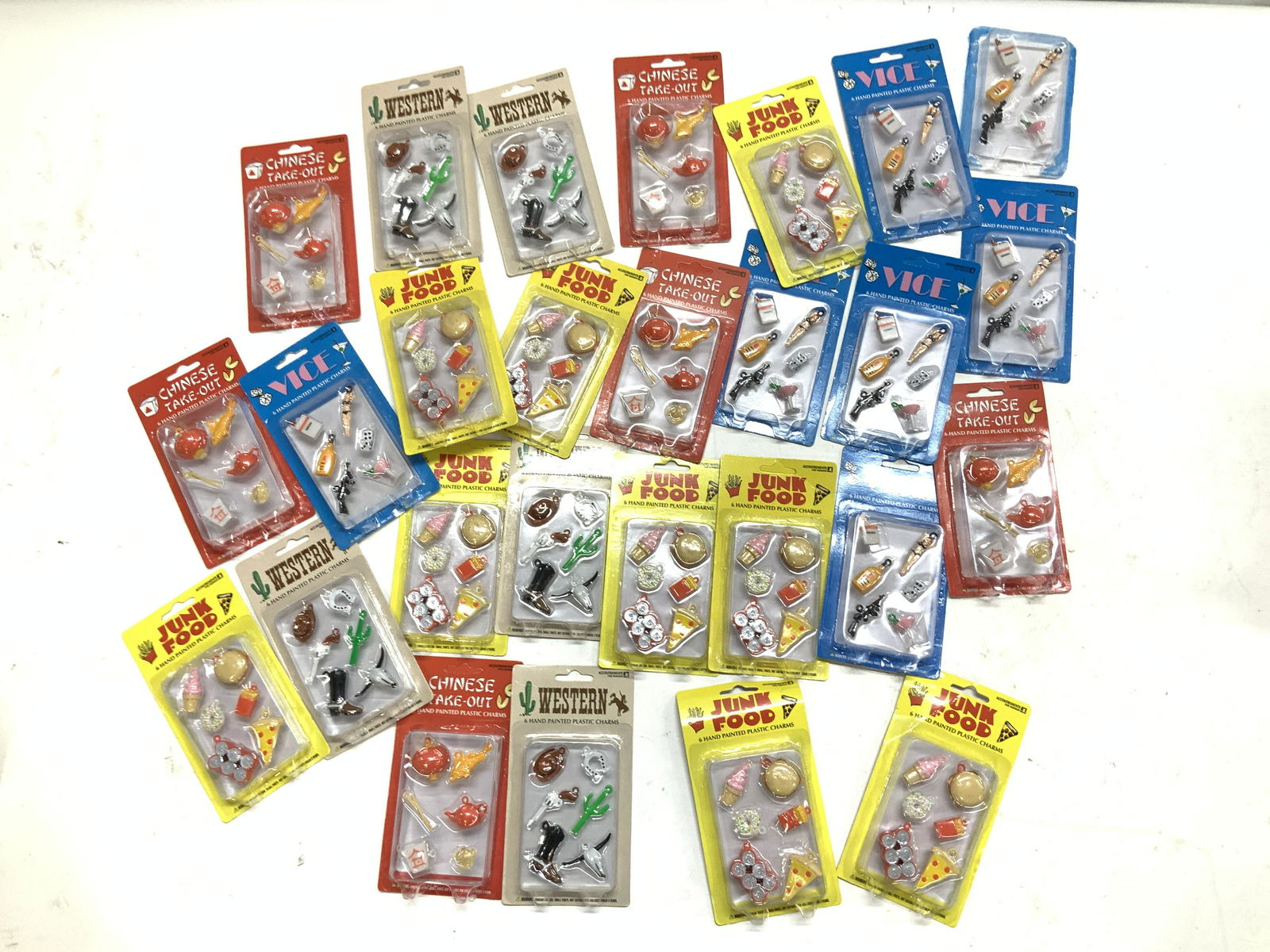 Lot 27 Western & Chinese Food Charms, Jewelry NIP: Large lot of 27 Packages of fun jewelry making charms. Mix and match with kitsch items such as a western motif- Cowboy hat, cactus, Bulls head, horse shoe, western Boot. Or a Chinese Food motif- tea p