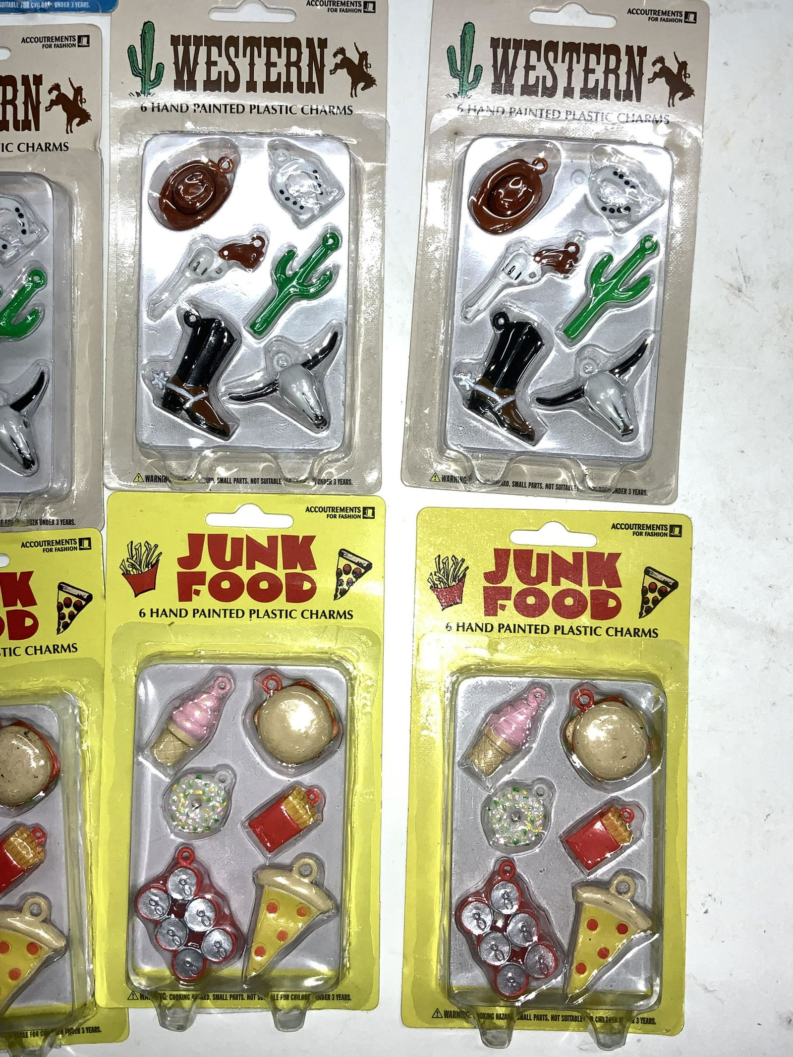 Lot 20 Jewelry Making Charms, Western, Food NIP: Large lot of 20 Packages of fun jewelry making charms. Mix and match with kitsch items such as a western motif- Cowboy hat, cactus, Bulls head, horse shoe, western Boot. Or a Fast Food/ Junk Food Food