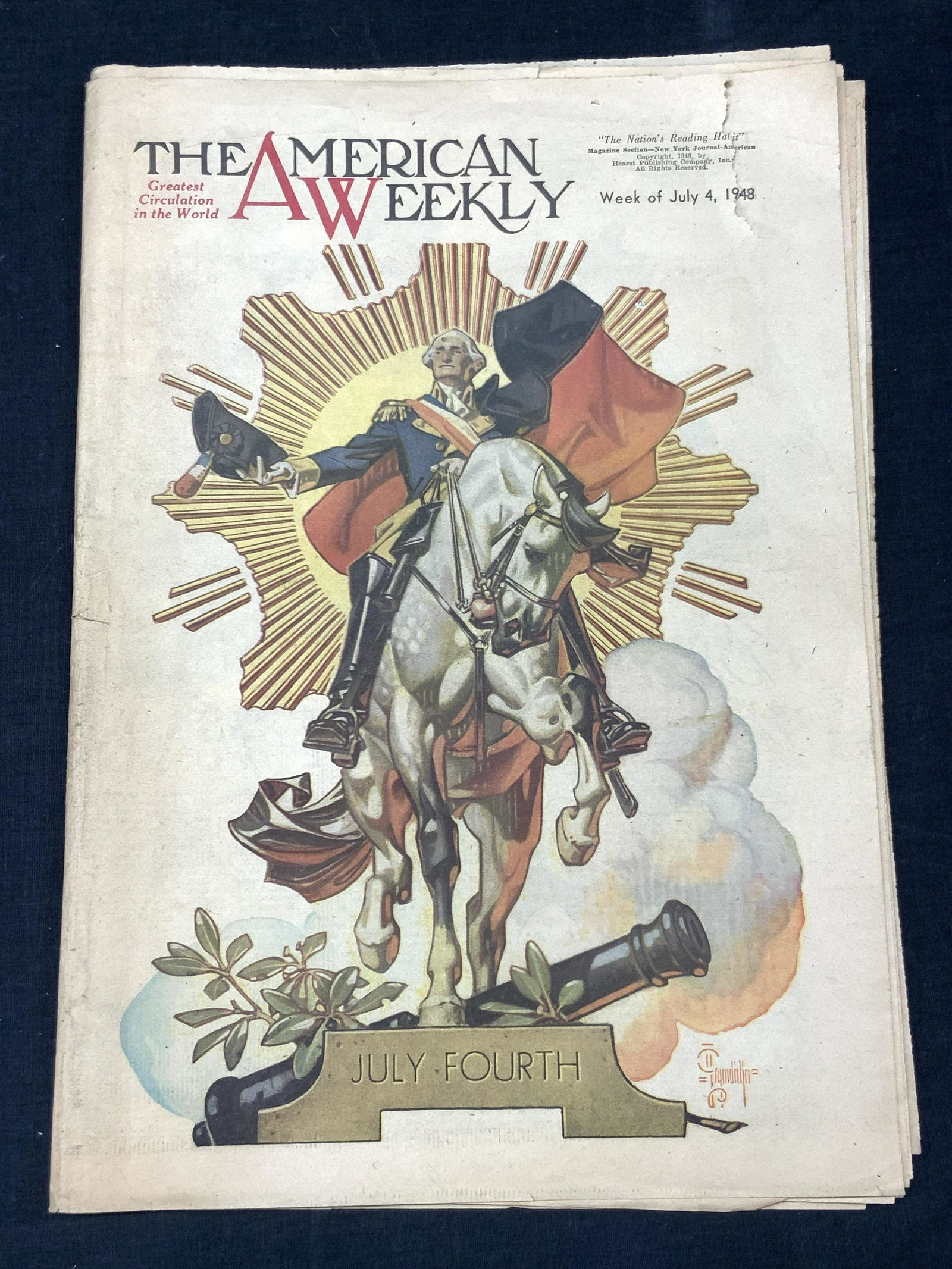 The American Weekly 1948 July Fourth Edition: The American Weekly, 1948 published, July fourth Edition. Complete with colored illustrations and headlines such as Rob Tuckers Redemption, Queens of the Con Game and colored comic strips ads in back.