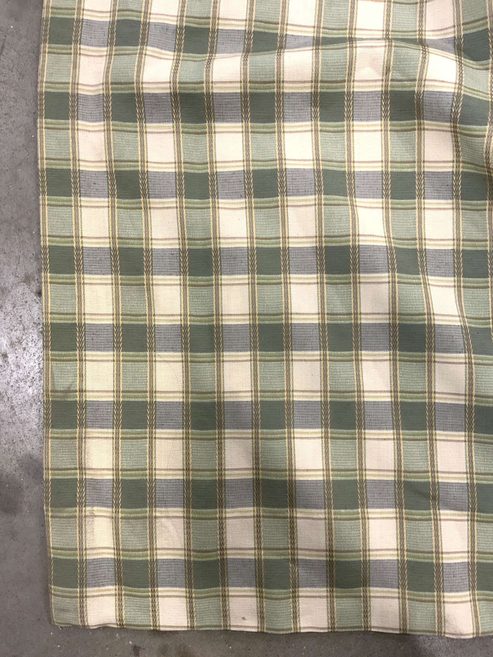 Vintage Plaid Linen Curtain: Curtain is plaid patterned linen. Piece has tones of green, cream, & yellow. Curtain measures approx 89 inches tall 73 inches wide. Linen, curtain, plaid curtain, window curtain, patterned curtain, ho