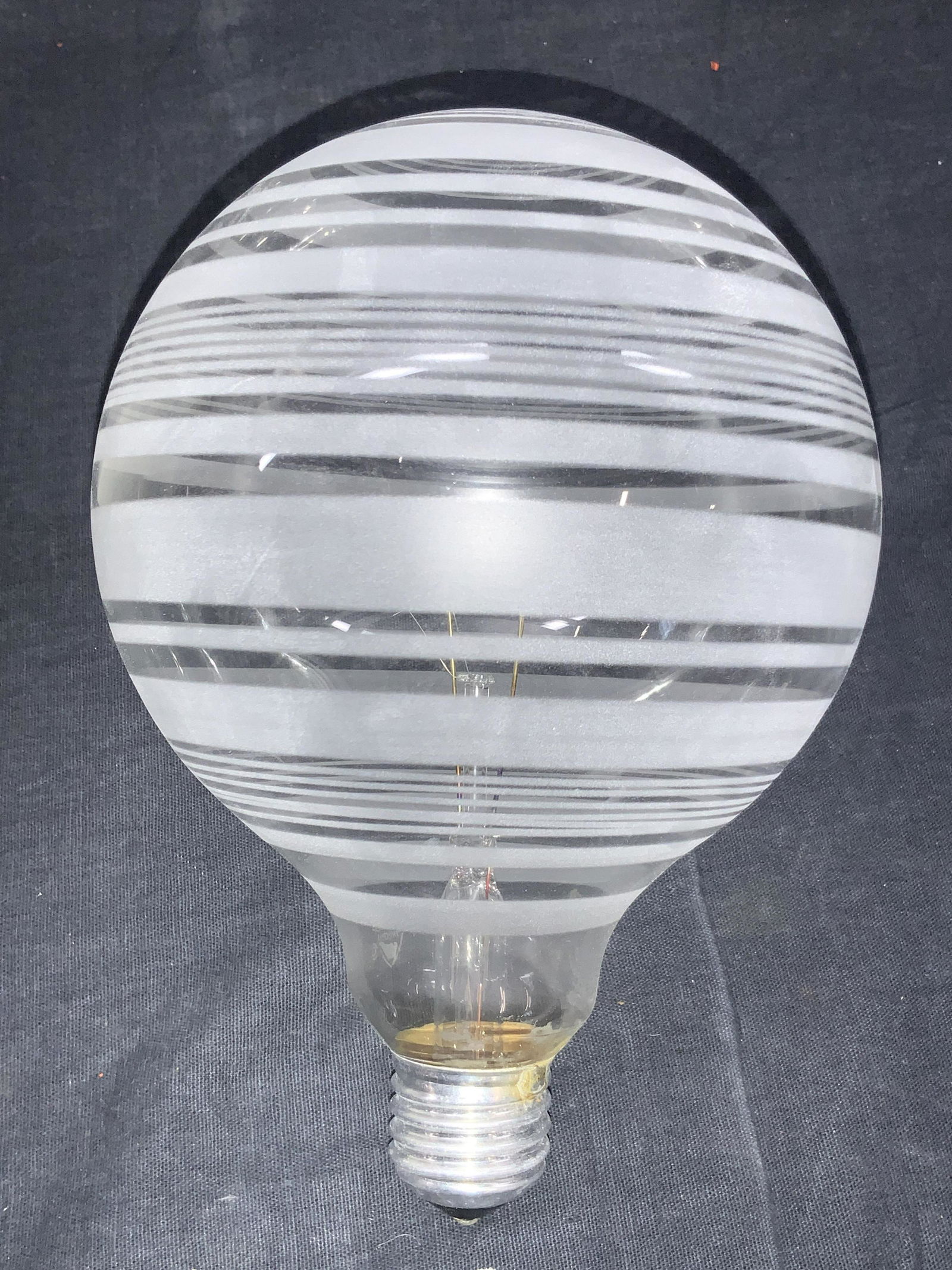 ORREFORS Frosted Glass Shadow Bulbs, NIB: 2 Frosted Glass light shadows lines bulbs with frosted exterior bands. Marked Orrefors on exterior of boxes and on bulbs. Bulbs are approximately 15.5 inch circumference. Boxes are approximately 5,5 x