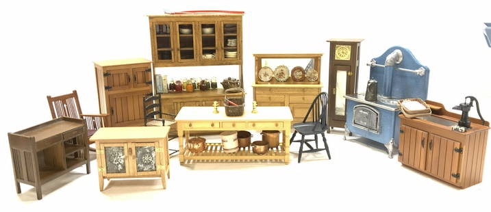 Collectible Doll House Furniture, 15+: dining room and kitchen wood doll house furniture, over 15 pieces of hand crafted accessories or furniture pieces. Hutch measures 7.5 x 6 x 2 in ht x L x D. wood farm table with attached copper pot ac