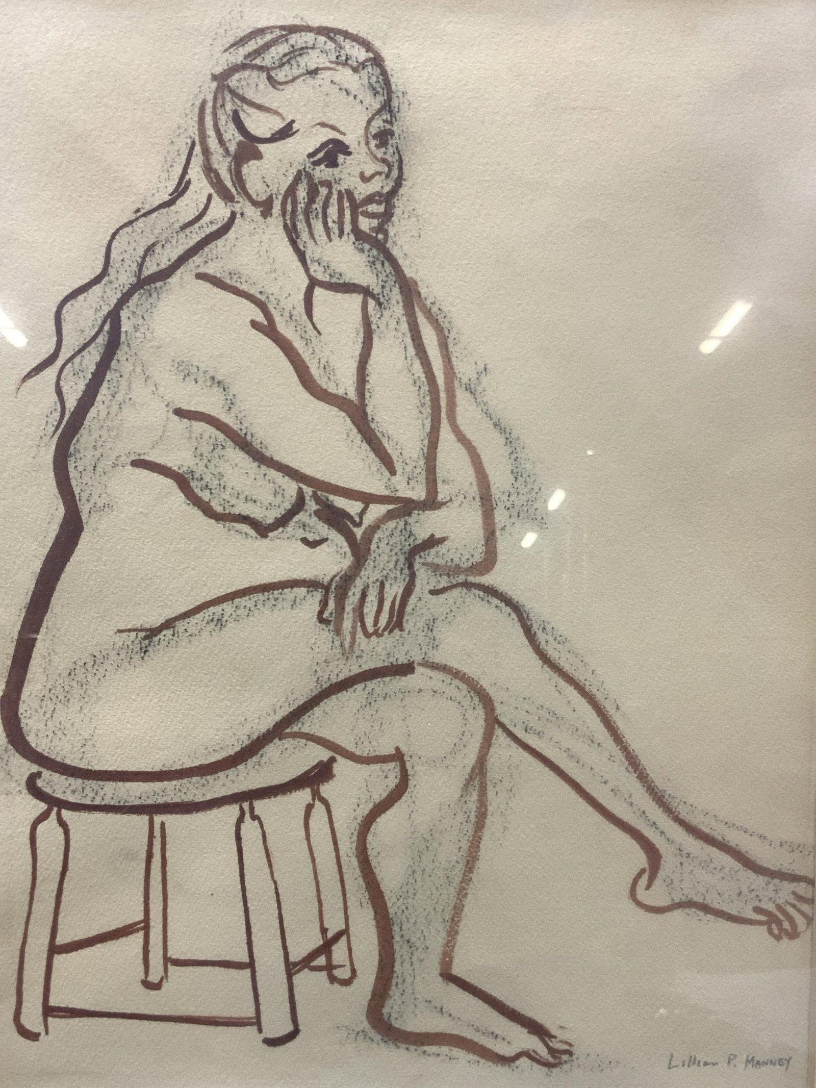 Lillian P. Manney Signed Nude Figural Drawing: Signed in lower right corner Lillian. p. Manney in graphite Subject depicts a sitting nude woman drawn in charcoal and marker Professionally framed in gold painted and black wooden frame with off whit