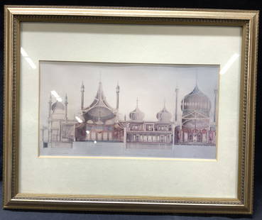 John Nash Views Of The Royal Pavilion Litho: Litho from the book Views Of The Royal Pavilion. Subject depicts the interior view of the pavilion with interior architectural designs within the buildings. Framed in gold and silver toned wooden