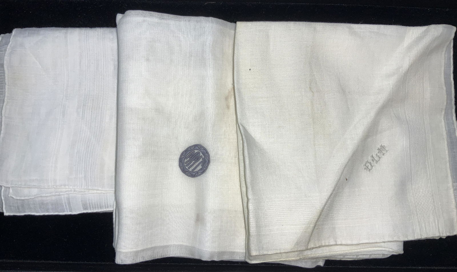 4 Cotton Pocket Handkerchiefs: Vintage white cotton handkerchiefs, various sizes. 3 are monogrammed. Larger measures 18.5 x 18.5 in. will need bleaching as color has yellowed over time. Property of Time-Life Founder through family