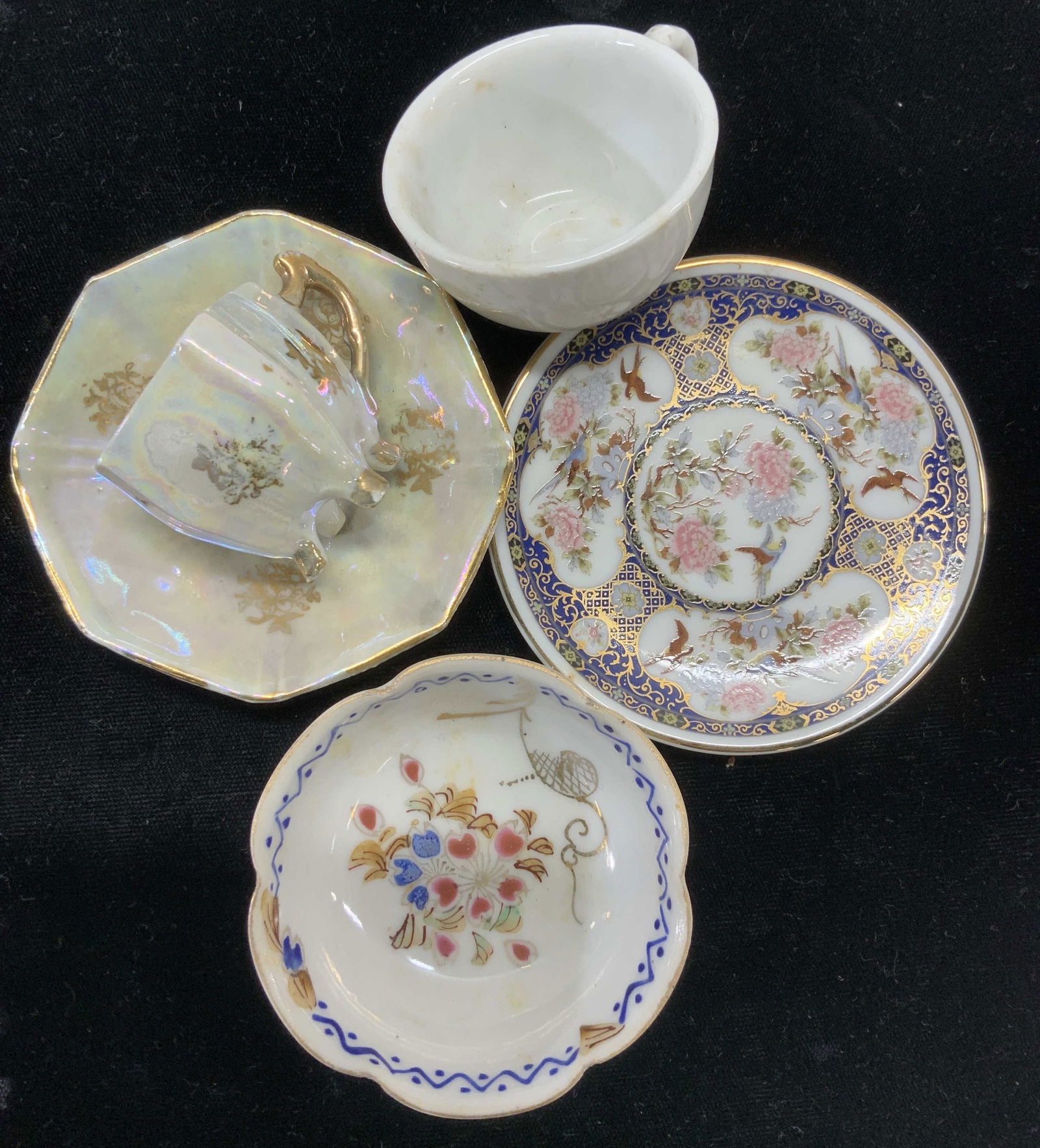 Miniature Porcelain Tea Cup and Saucers, 5: Lustre and gilt porcelain mini tea cup and saucer. 3 x 1.75 in. Asian Cartouche mini plate and white tea cup, 3.25 x 1.5 in fine bone China Trina bowl 2.5 x .75 in. Miniature Chinaware, Collectible Mi