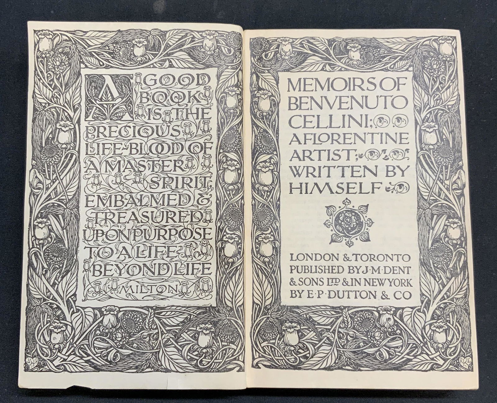 1925 Memoirs of Benvenuto Cellini Book: Hardbound vintage copy of Memoirs of Benvenuto Cellini, A Florentine Artist, Written by himself. Published by JM Dent/EP Dutton, 1925. Wear to cover, pages, and spine consistent with exposure. Measure