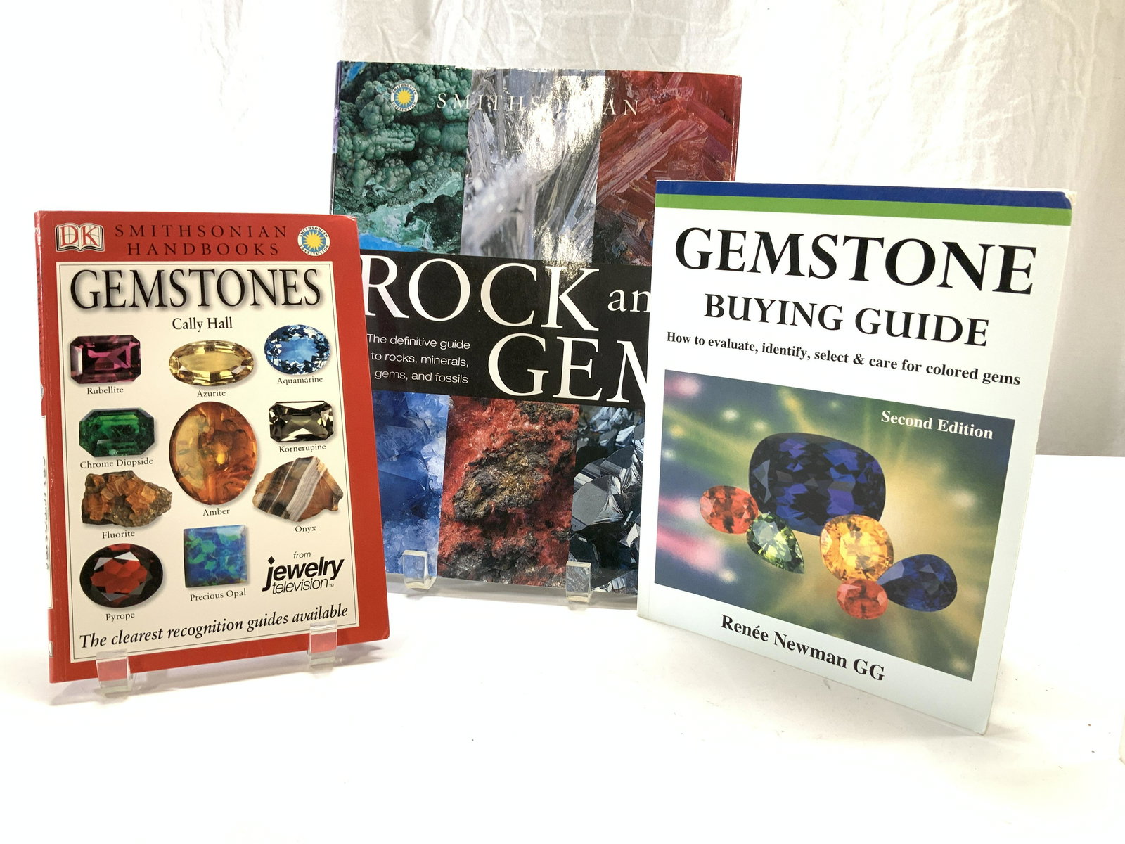 Lot of 3 Gemstone History & Identification Books: Smithsonian Handbooks Gemstones with Jewelry Television, Dorking Kindersley book, c. 2002 - Geological review of how rocks and gems form, were in the world they are found, gem properties and facets, a