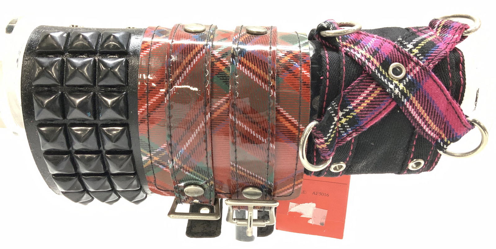 Lot 3 Boutique Leather & Faux Wrap Bracelets , New: New old stock leather, faux leather , and cotton wrap cuff bracelets with snaps or buckle. NWT TRIPP NYC black cotton bracelet with pink stitching, pink plaid and snaps. 2 lengths, 7.25 and 7.75 in L