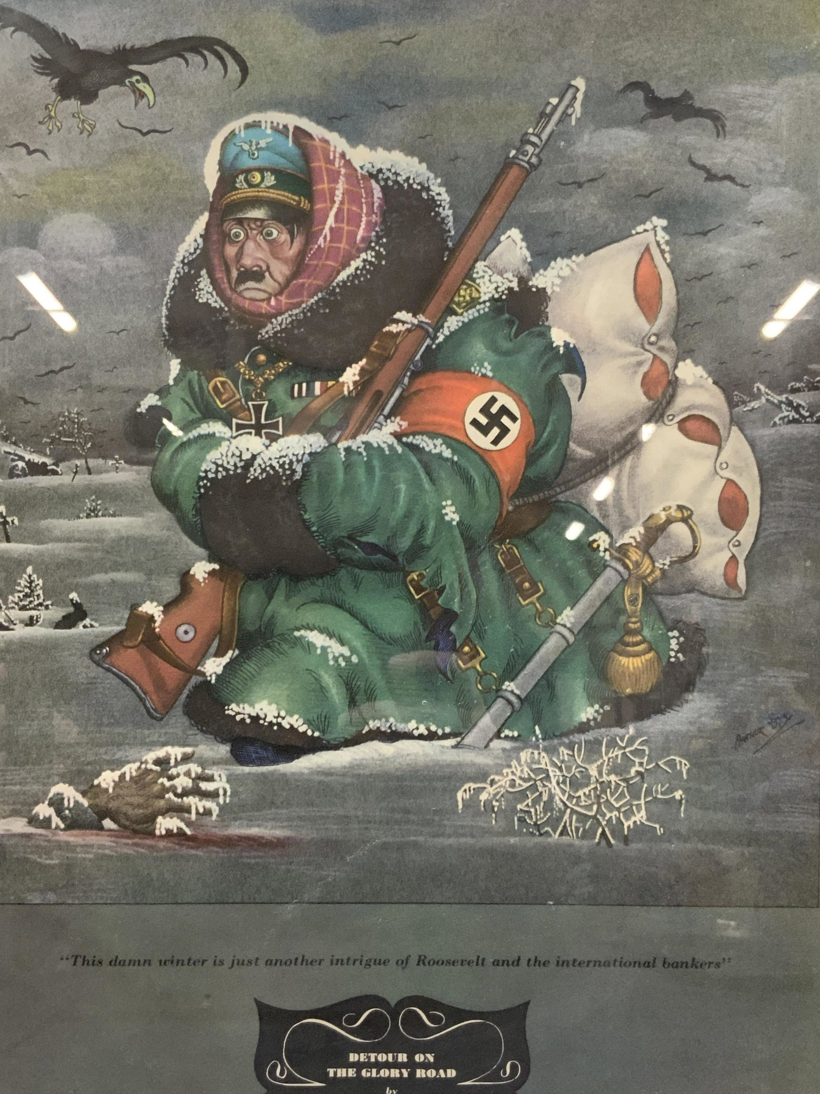 Arthur Szyk Anti- Axis Caricature Litho: Marked on lower half Detour on the glory road by Arthur Szyk Subject depicts a caricature of Hitler walking through a snow covered landscape with a quote on bottom of litho reading This damn winter is
