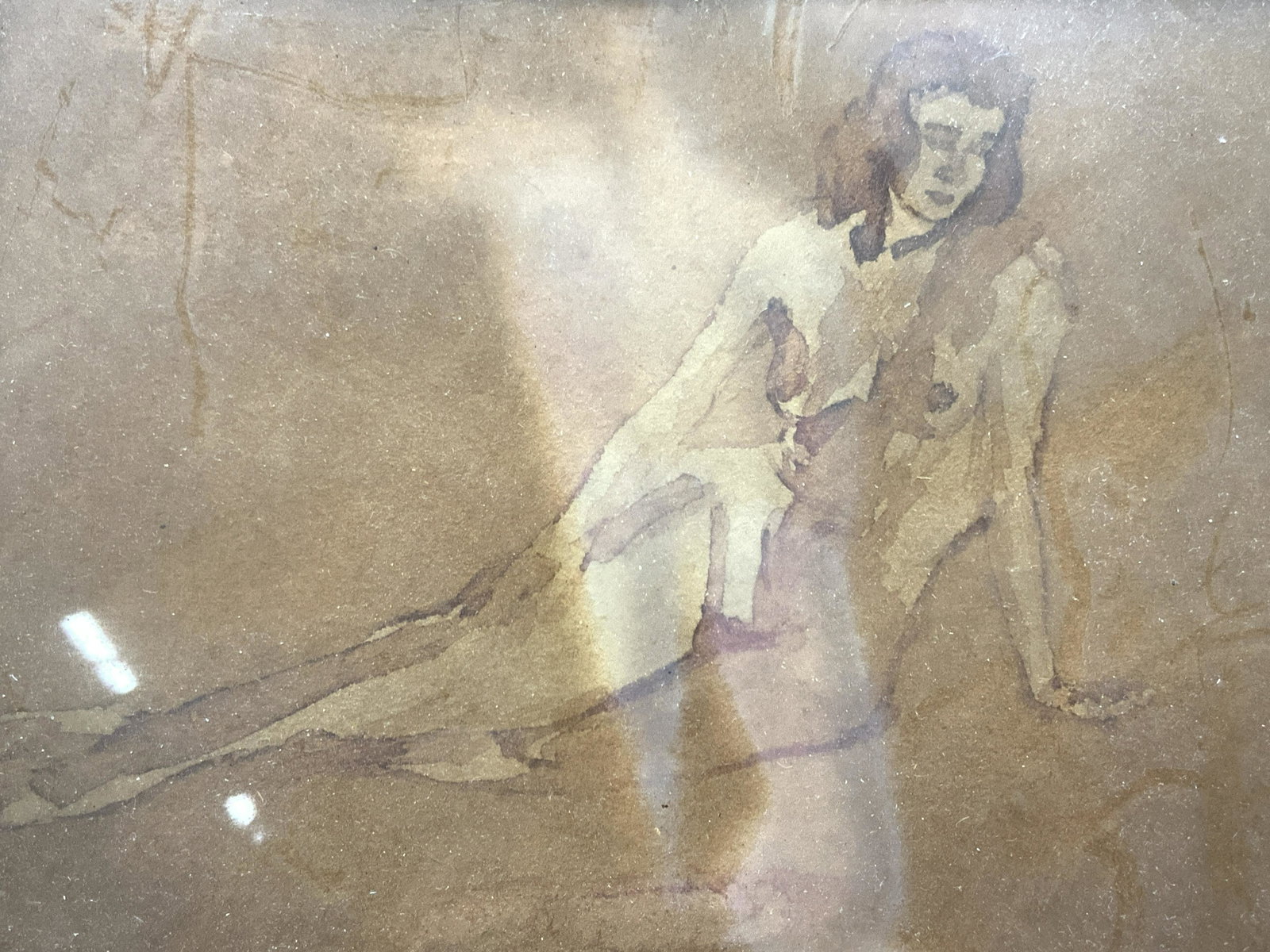 Signed Ary 1945 Nude Figural Watercolor: Signed in lower right corner Ary 1945 Subject depicts a reclining nude woman Framed in black wooden frame Approximately7.5 x 7.5 window measures 6 x 6 inches Not viewed outside of frame. Evident weari