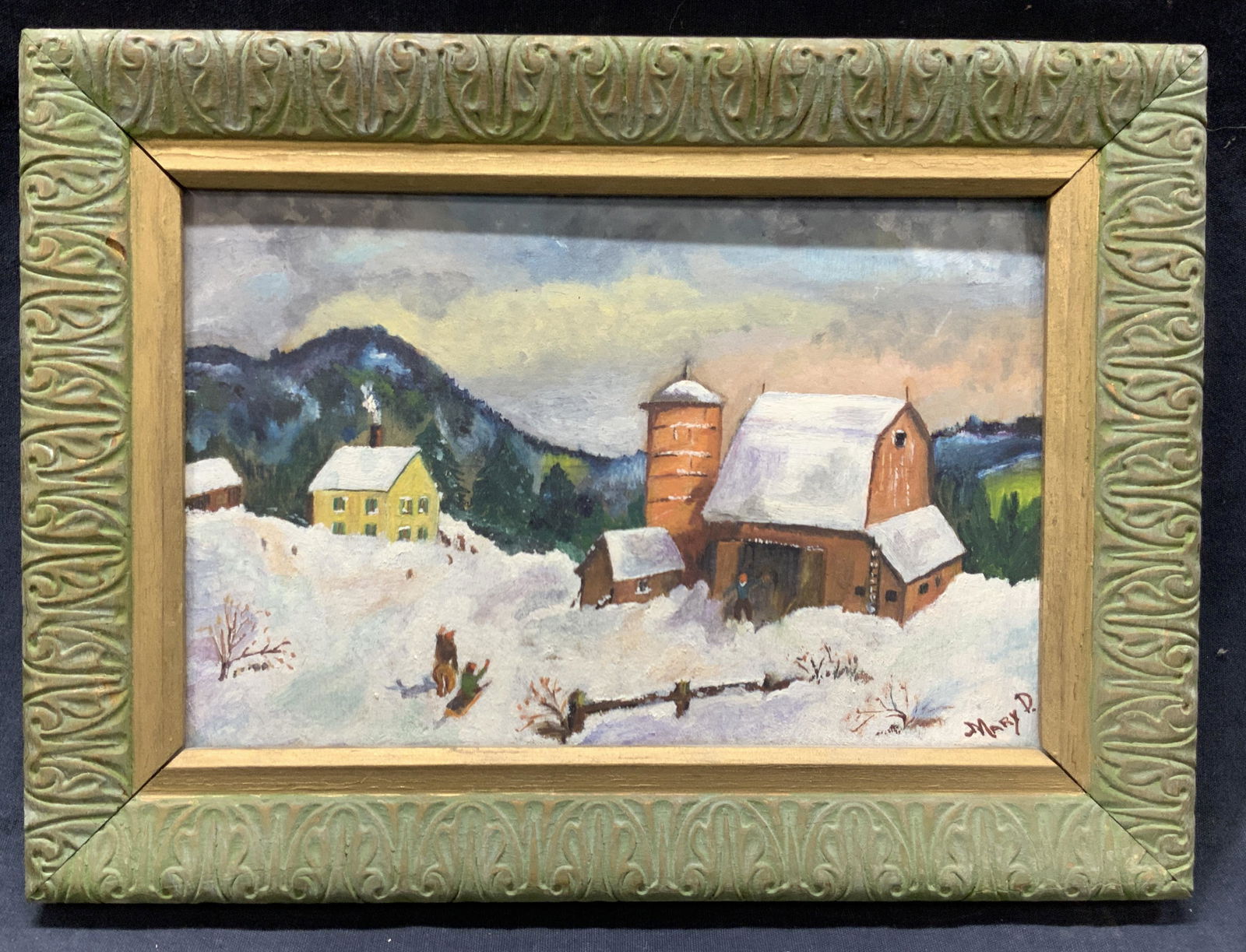 Mary D. Signed Barnyard Snowy landscape Painting (1 of 9)
