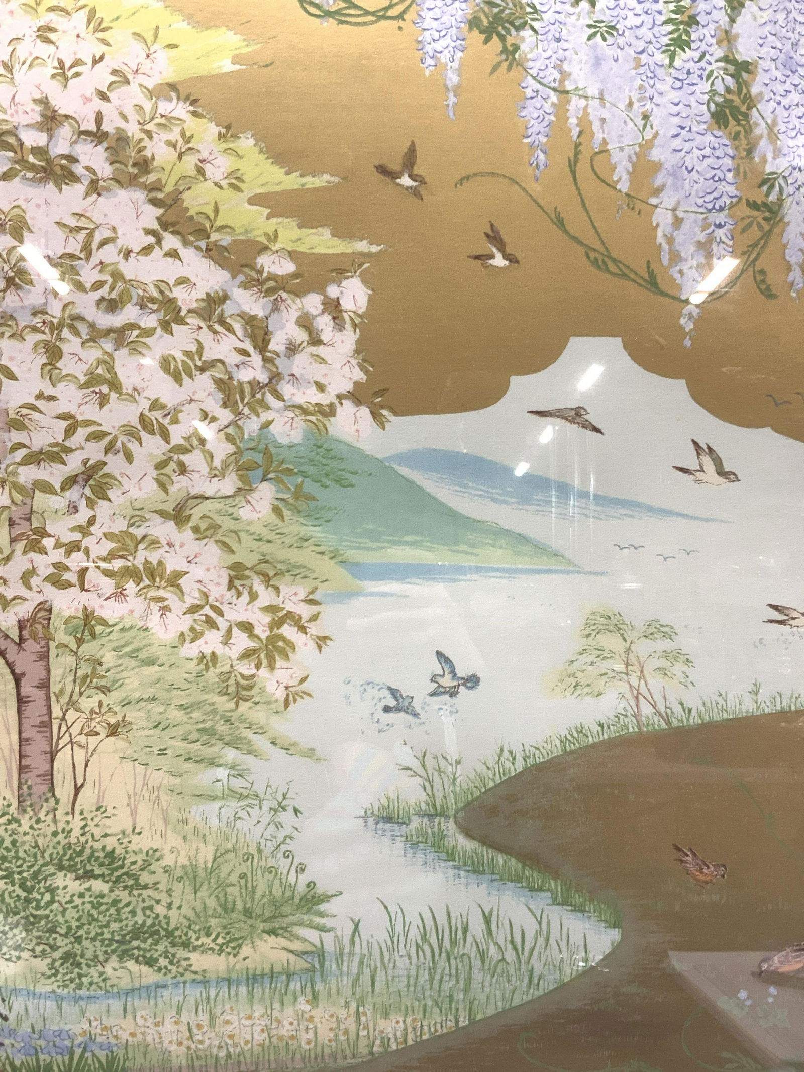 Stamped Asian Style Landscape Gilt Silk Screen (1 of 9)