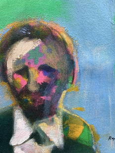 Rapp Signed Abstract Acrylic Portrait Painting: Signed on lower right corner, Rapp. Subject depict an abstract portrait of a person with white collar and green shirt amongst a blue and green background. No frame, comes with off white mat board Appr