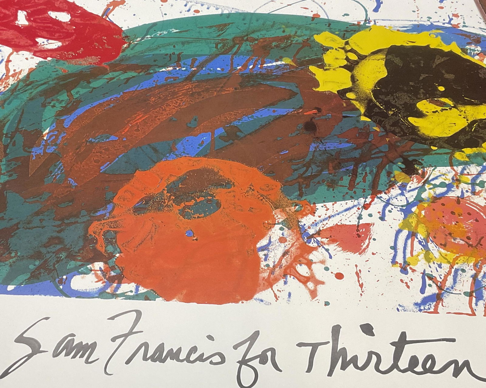 Sam Francis for Thirteen, Lithograph: Sam Francis for Thirteen, Off set Lithograph. Lithograph measures approx 31.25 x 27.25 inches. Minimal wear to piece along edges. Piece is NOT framed. Rolled in tube. Rolled art, lithograph, art of th