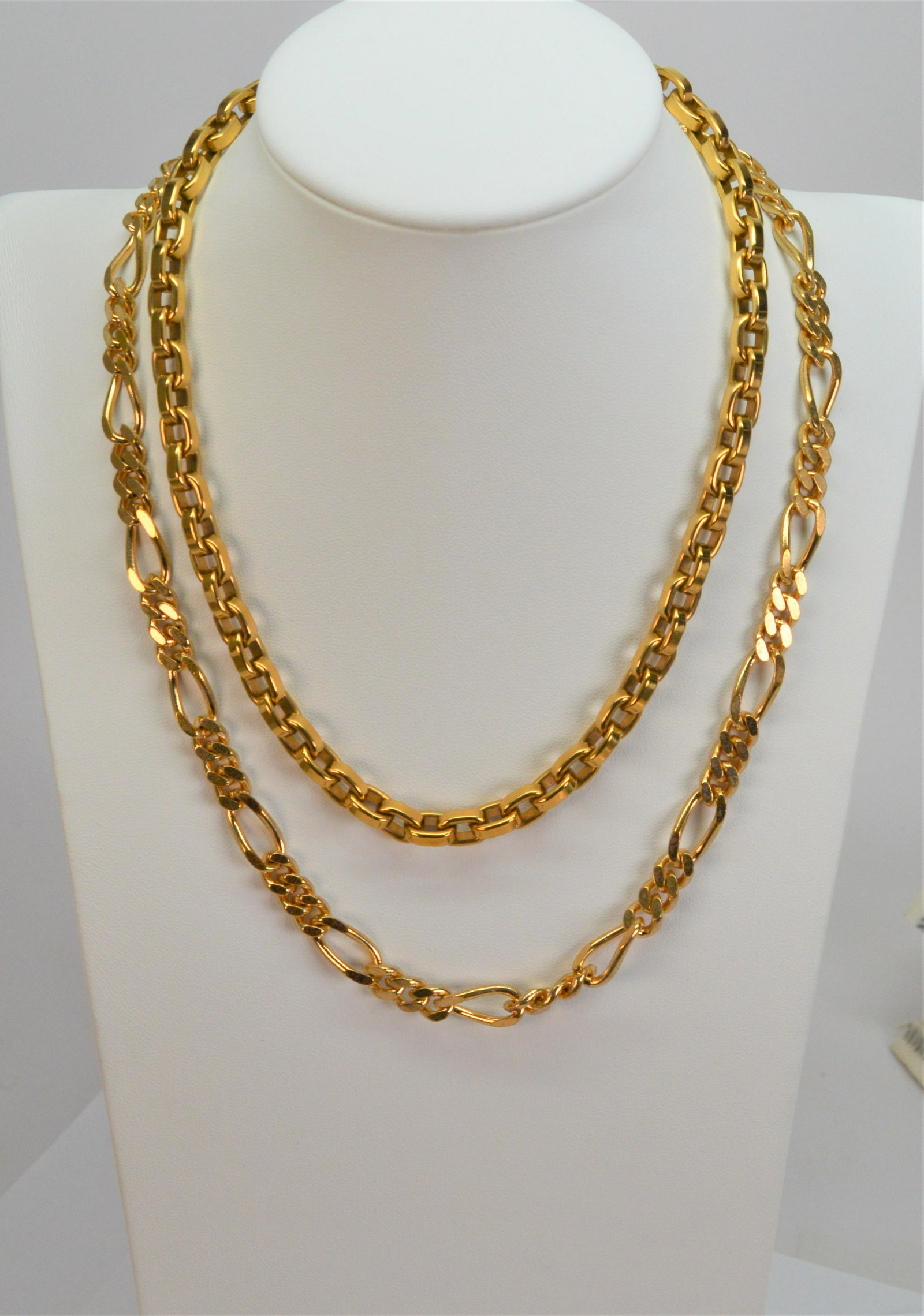 On Trend Gold Plated Necklaces: Two great gold plated necklaces to add to your fashion jewelry collection. The 7MM link choker measures 16. The Cuban 8MM link necklace measures 19. -NB
