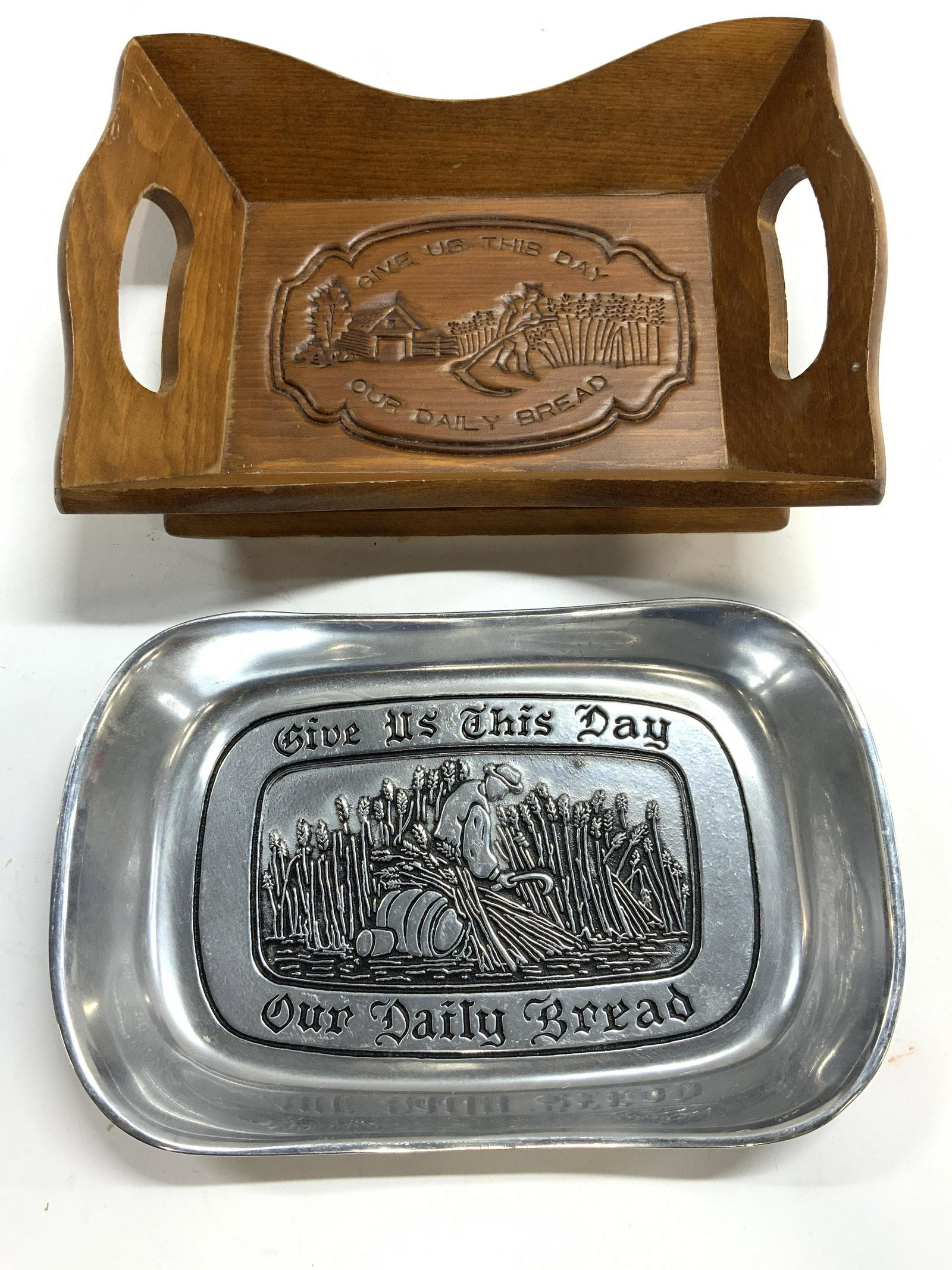 Lot 2 Wood & Pewter Religious Trays (1 of 6)