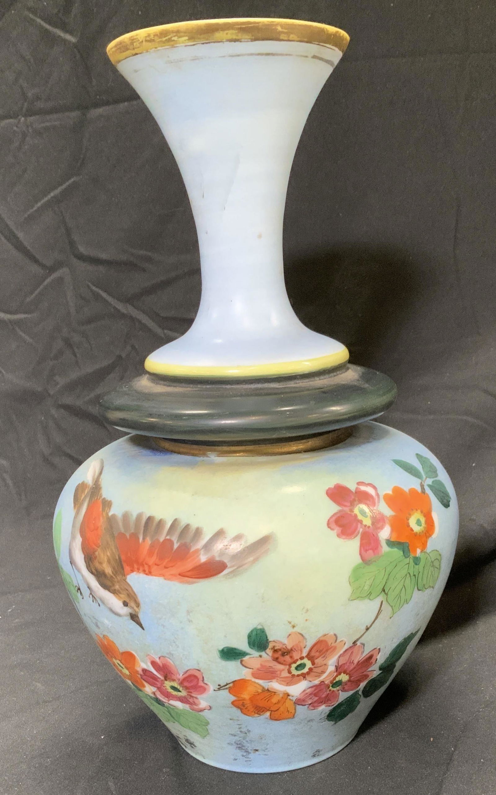 Hand Painted Milk Glass Vase w Bird and Flowers (1 of 7)