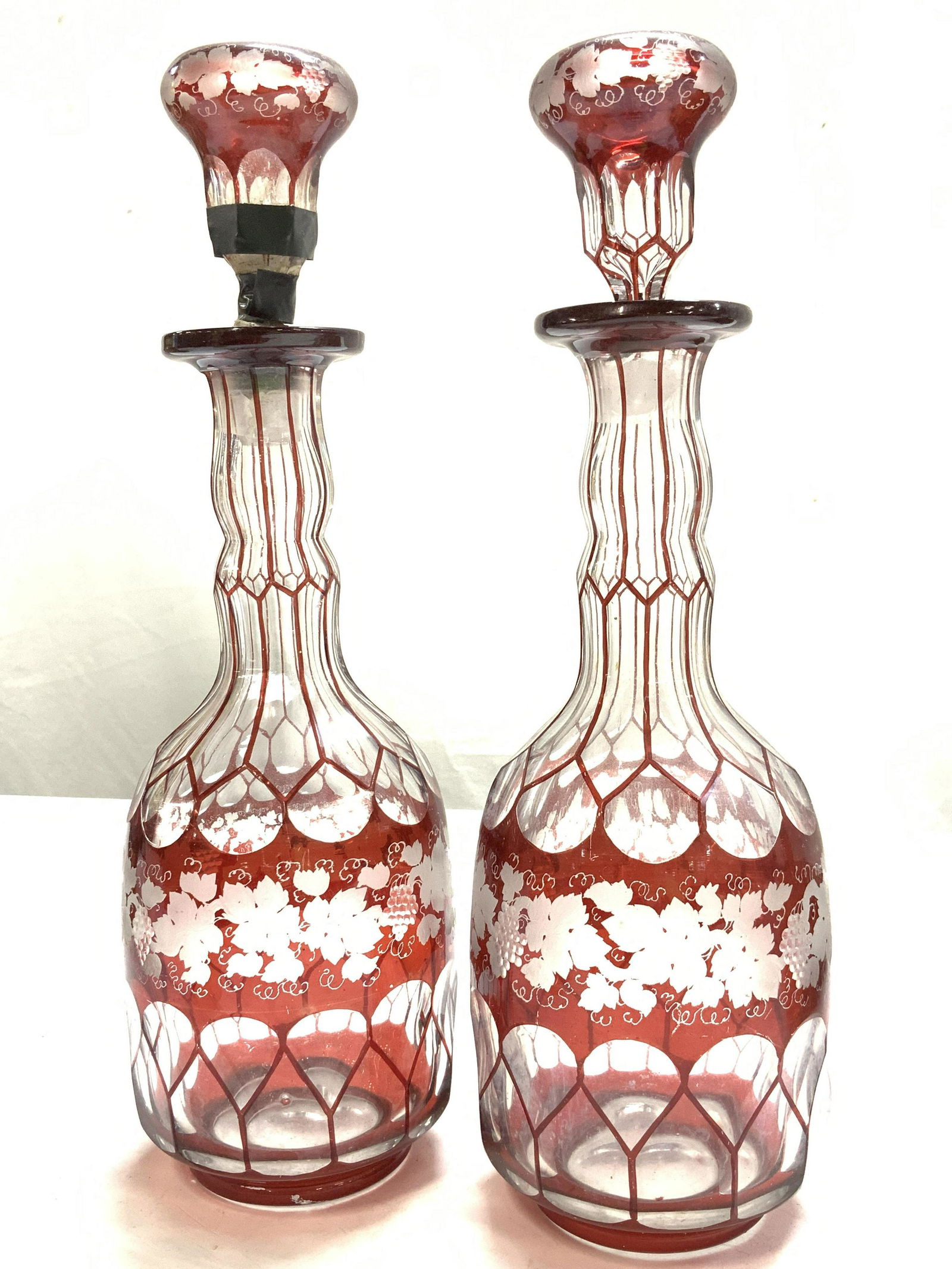 Pair of Ruby Red Grape Vine Motif Decanters (1 of 7)