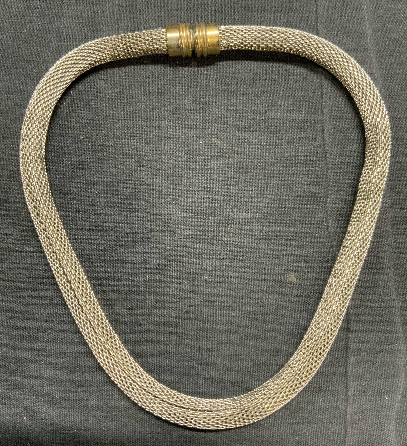 Silver Tone Mesh Chain Choker Necklace, Jewelry: Silver tone mesh chain choker necklace. Measures approx. 18.5 inches long. Some surface wear consistent with exposure. Estate jewelry, costume jewelry, cocktail jewelry, fashion jewelry, accessories, 