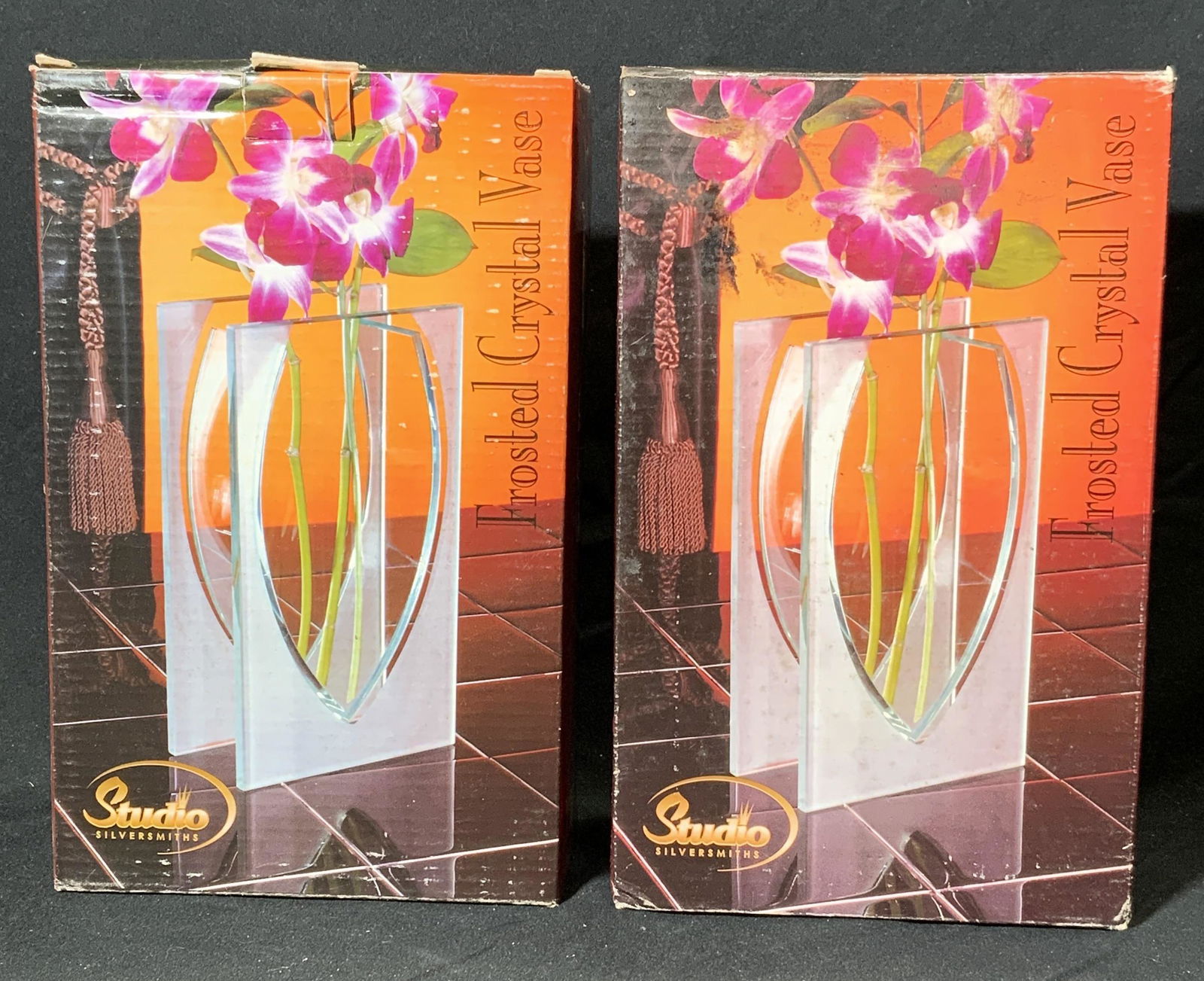 Pair STUDIO SILVERSMITHS Frosted Crystal Vases NIB (1 of 7)