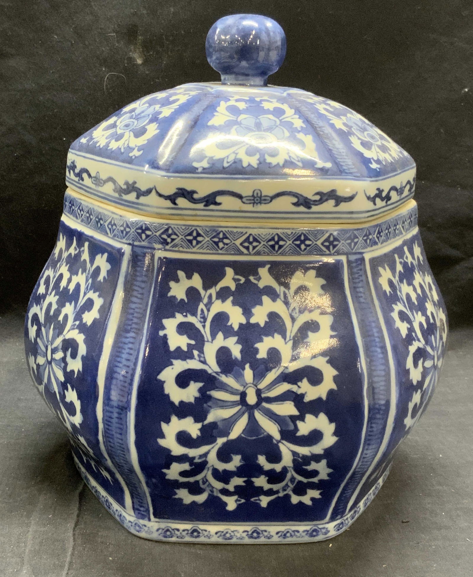 Signed Asian Blue & White Lidded Porcelain Vessel (1 of 7)