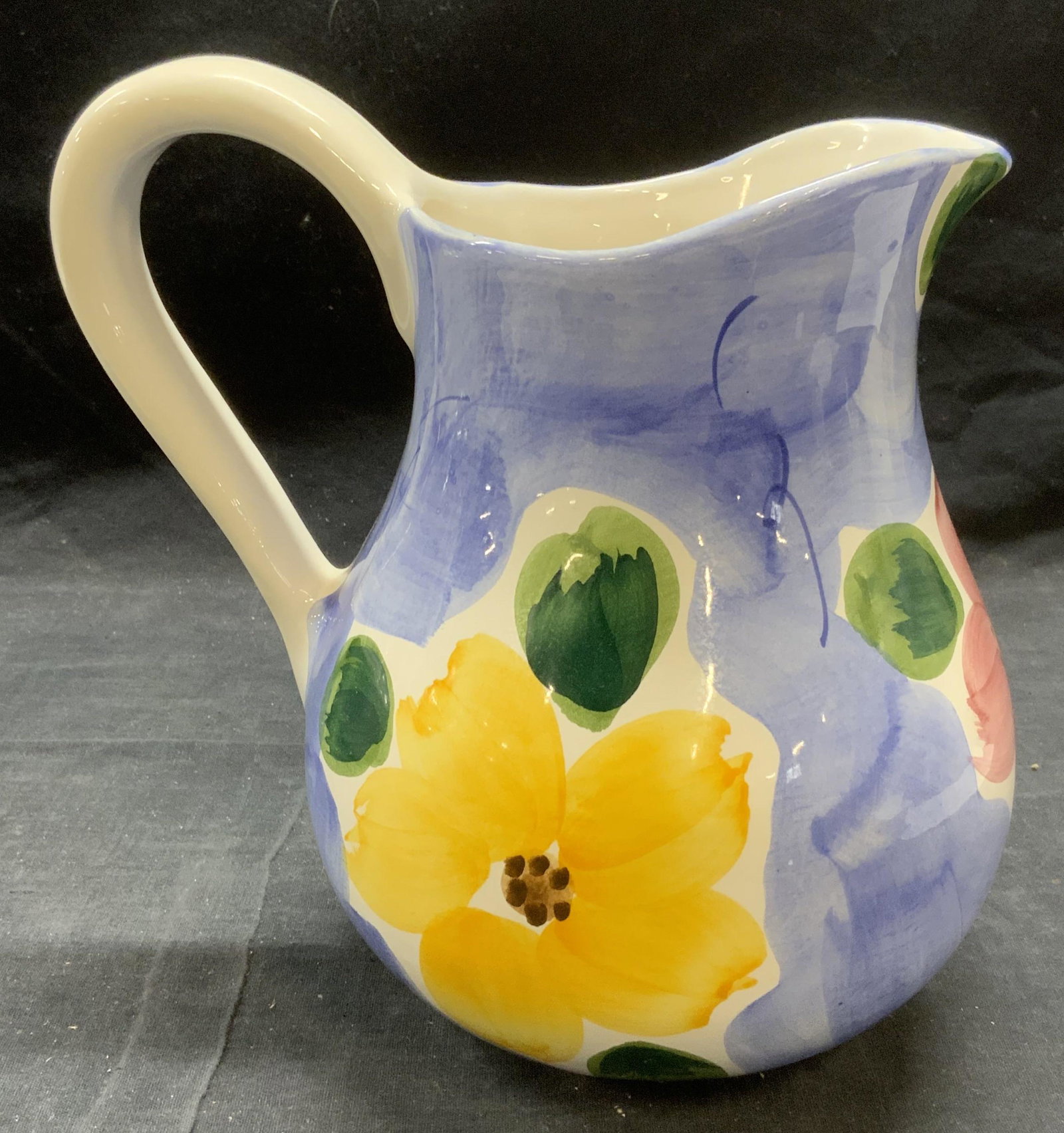 Hand Painted Ceramic Floral Pitcher: Hand painted ceramic pitcher with floral motif. Measures approx. 8 x 6 x 8.5 inches. In good condition. Pitcher, ceramic pitcher, hand painted pitcher, floral pitcher, tableware, table accessories, ho