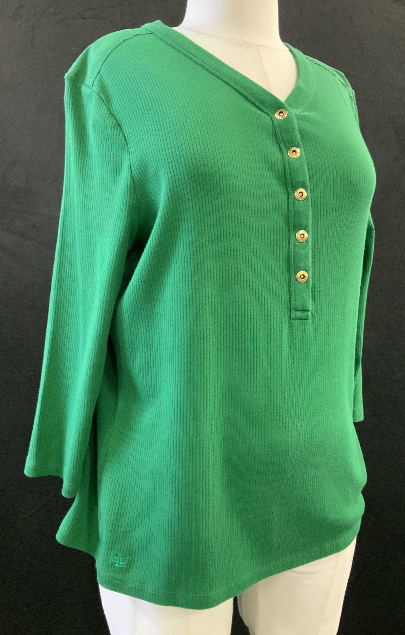 Lauren Ralph Lauren Green Cotton Shirt: Ladies size X Large Lauren Ralph Lauren cotton 3/4 sleeve shirt with ribbed linear design, deep rich green color. Signed brass buttons. Label attached. Ladies tops, Lauren Ralph Lauren top, Ralph Laur