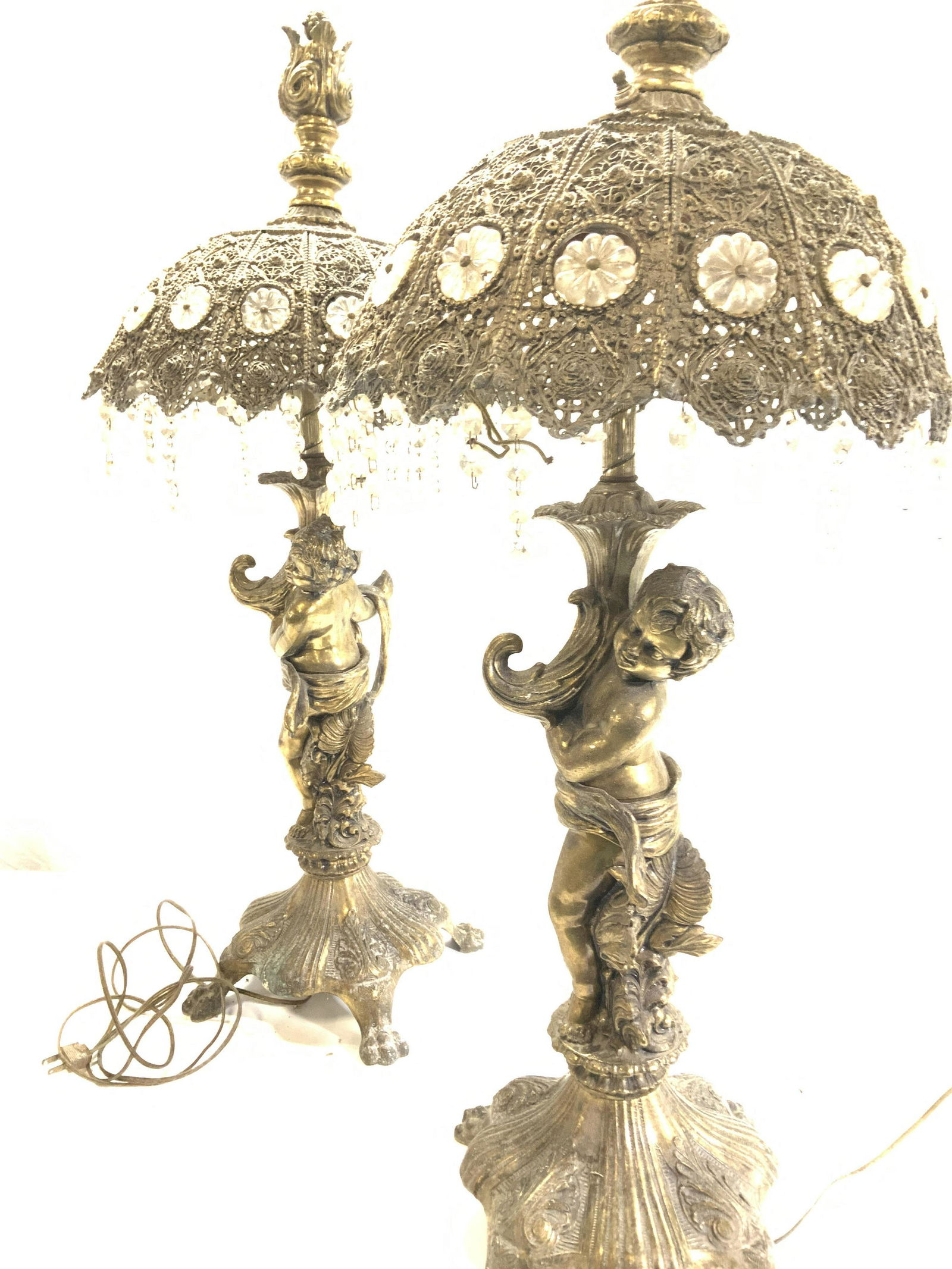 Pair Heavy French Brass Putti Prism Lamps (1 of 14)