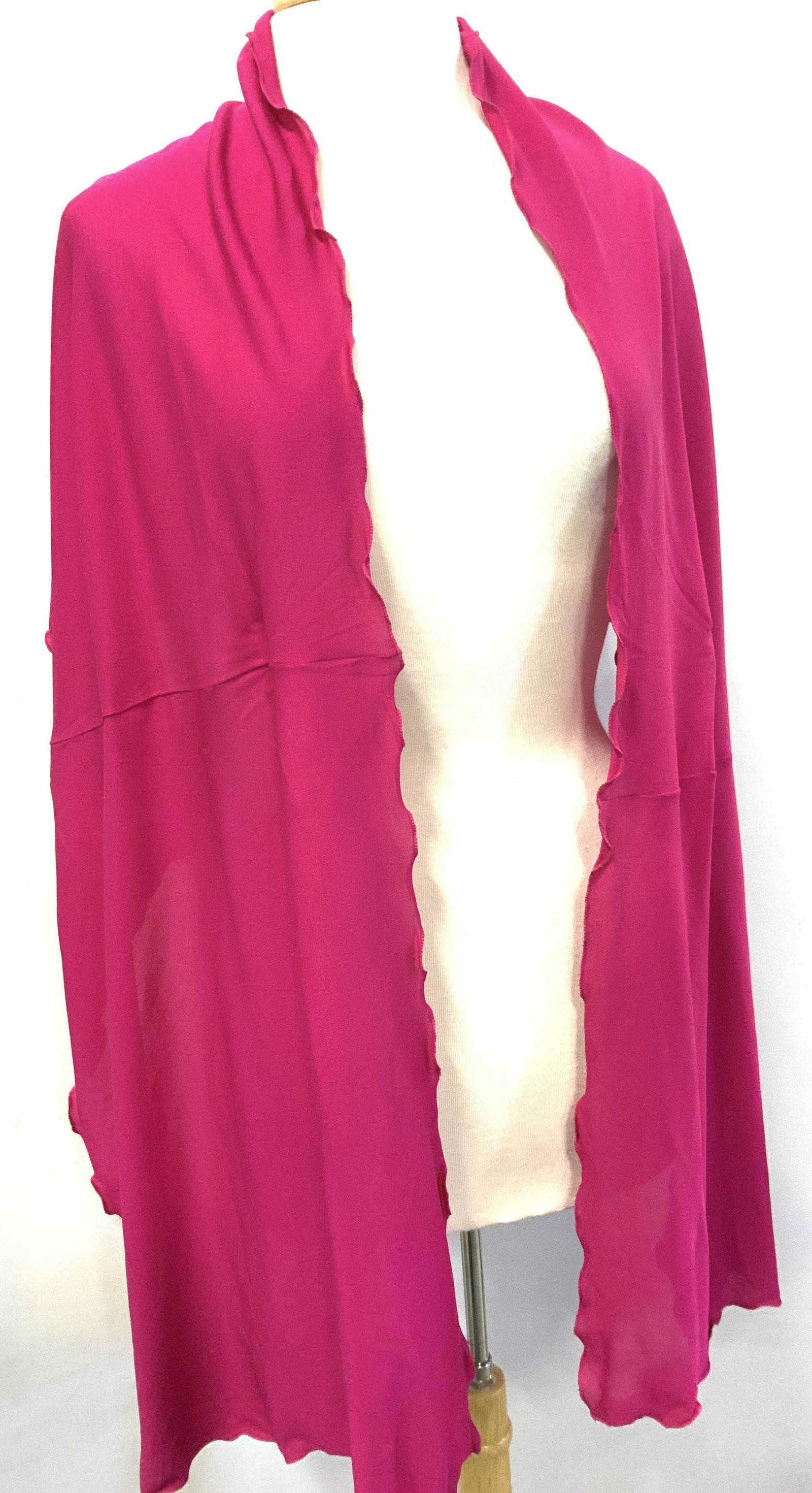 Lo2 Fashion, Fuchsia Wrap & Pink Silk Scarf, India: 18.25 x 81 in. Polyester fuchsia wrap with ruffle edge. Up cycle use. Delicate light pink silk wrap/ scarf, label attached reads 100% pure silk India. Measures 42.5 x 72 in. app. Lightweight. Very sof