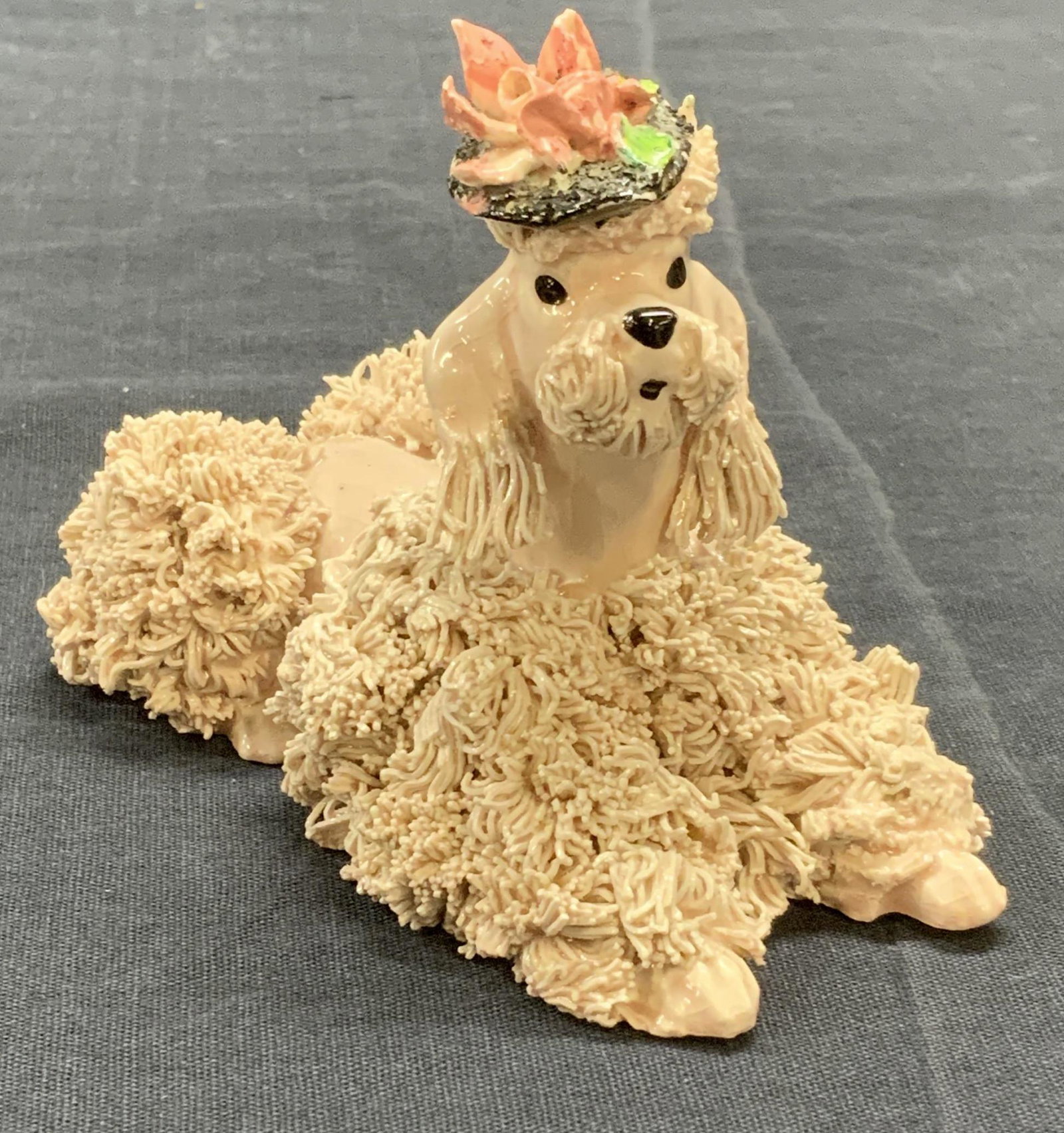 JANE CALLENDER #52 Pink Poodle Figurine: Jane CALLENDER #52 ceramic pink poodle figurine. Trademarked to underside. Made in California. Measures approx. 4.5 x 2.25 x 3 inches. In good condition. Crazing observed. Jane CALLENDER, Jane CALLEND