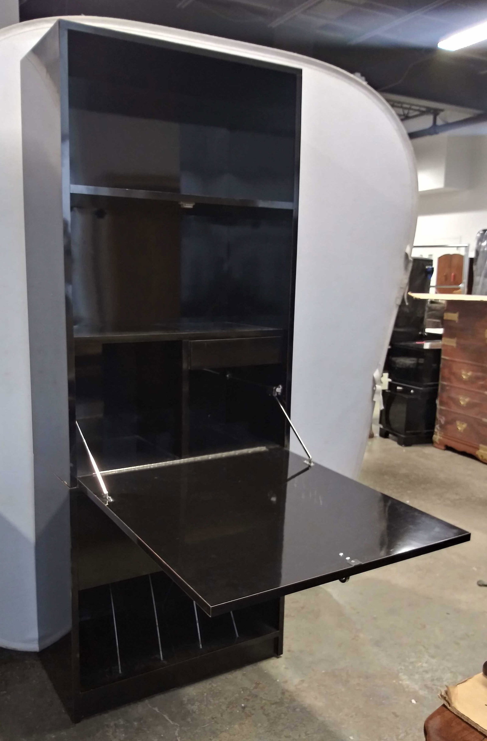 MAURICE VILLENCY Style MCM Secretary Black: Secretary is MAURICE VILLENCY Style. Piece is mid century modern. Secretary is black toned. Structure is in 2 pieces. Base has filing area & flip down compartment. Top of piece also has flip down sect