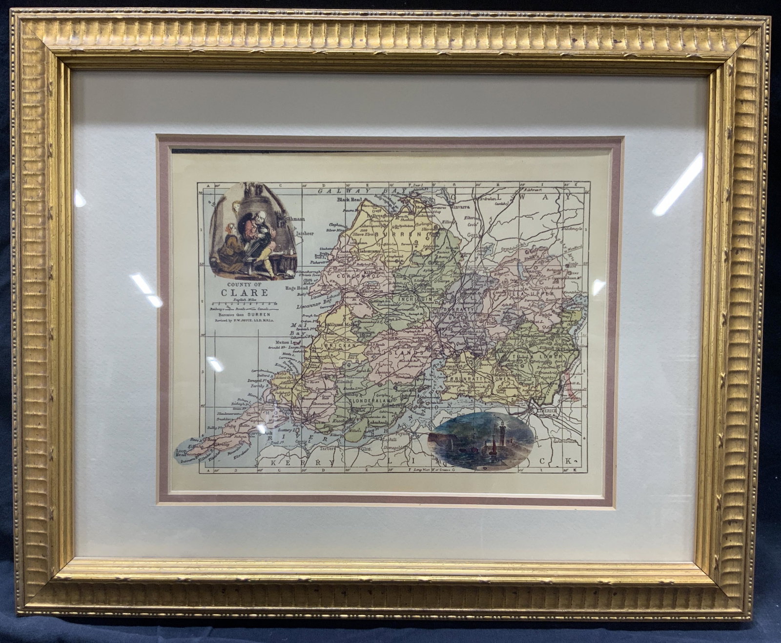 County Of Clarke Topographic Map Serigraph: Marked on upper left corner County of Clarke. Displaying a topographic map with with an image of a light house near a dock at night in lower right corner and an image of a man holding bag pipe in fron