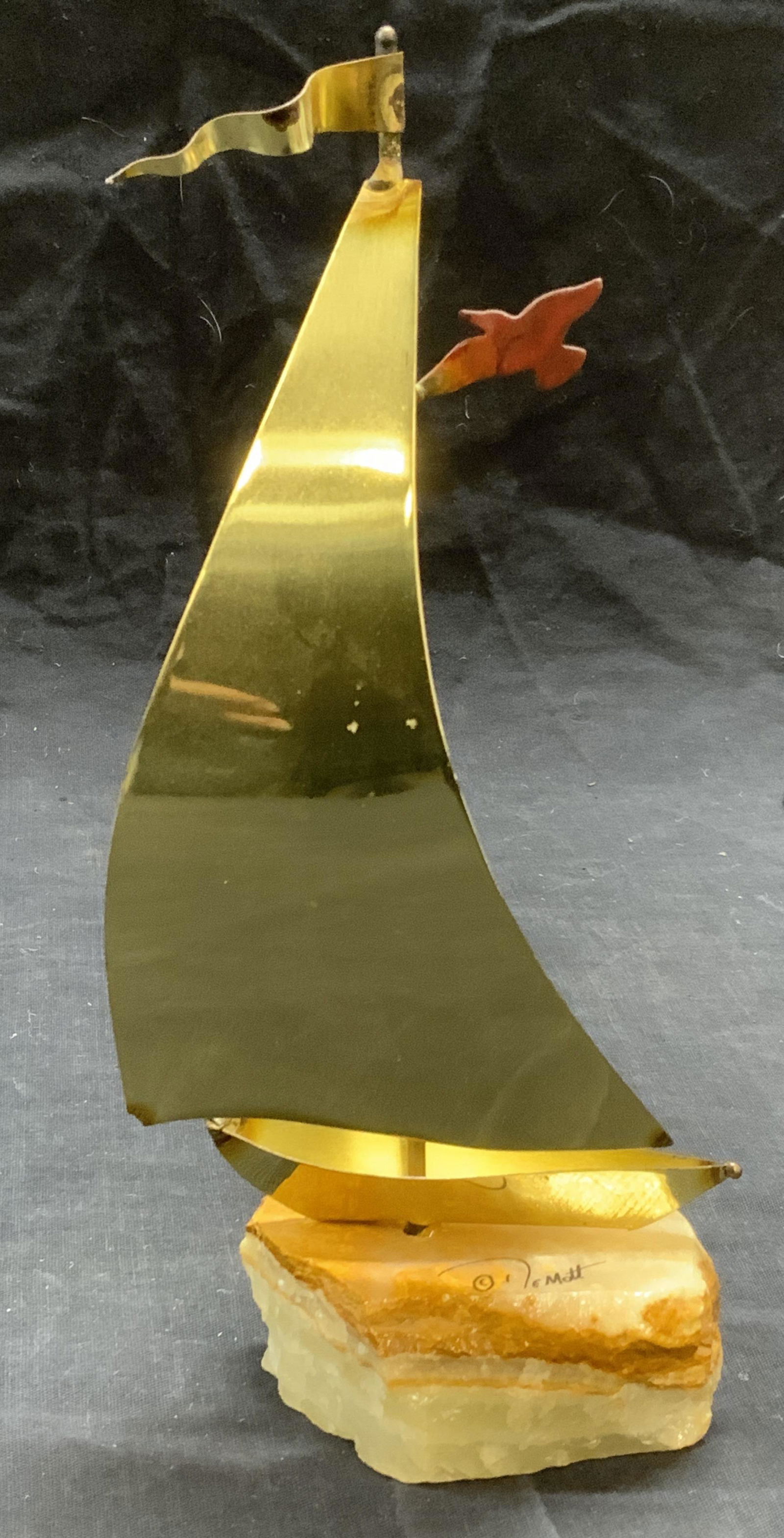 Signed DEMOTT Brass & Stone Boat Sculpture (1 of 7)