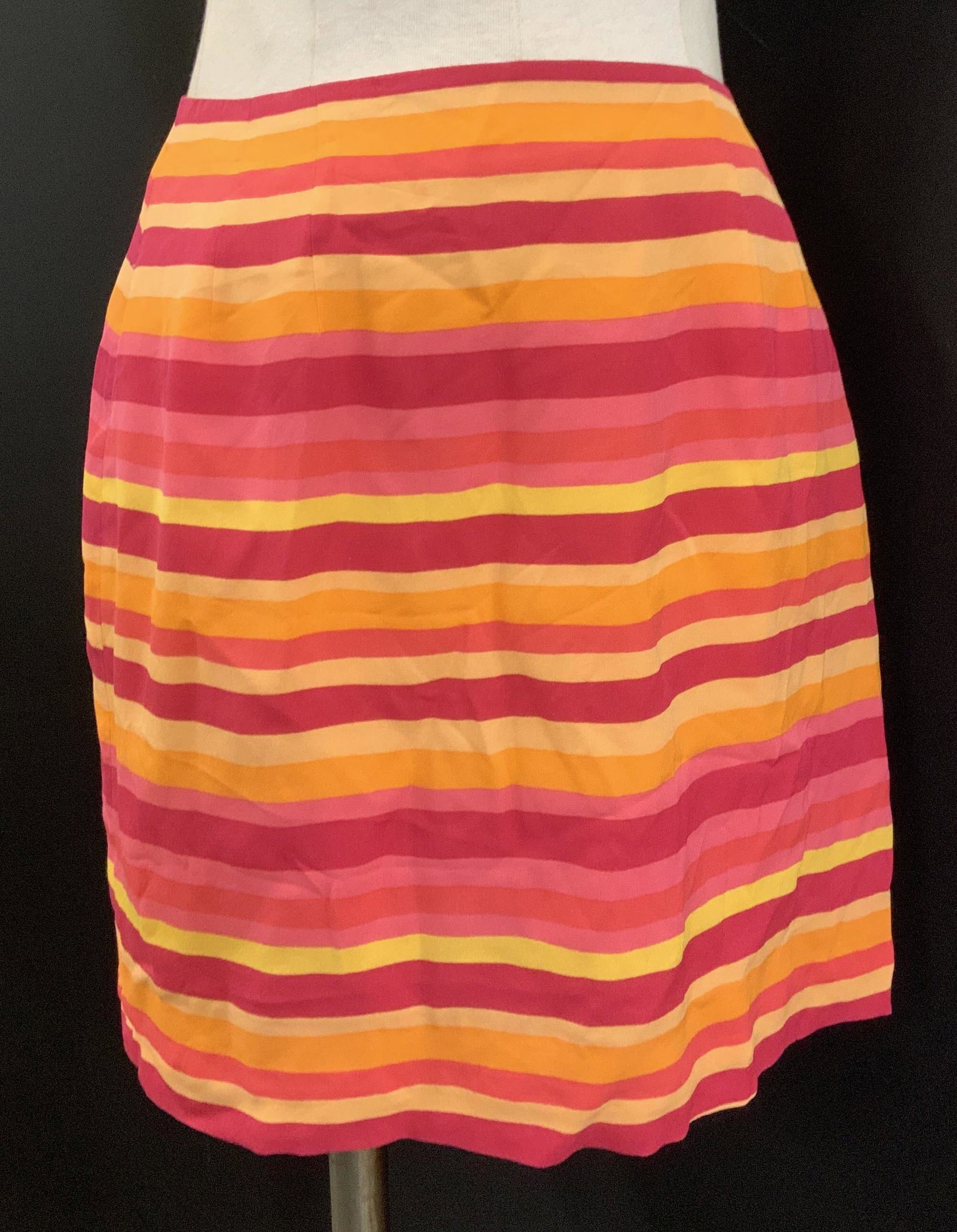 Talbots Striped Orange and Pink Silk Skirt: Talbots Petites Size 10 Silk Skirt with Orange , pink and Fuchsia stripes. 17.5 in. Long. Lined with back zipper and button. Lining tear noted. Designer Talbots, Casual Wear, Vintage wear, skirt, silk