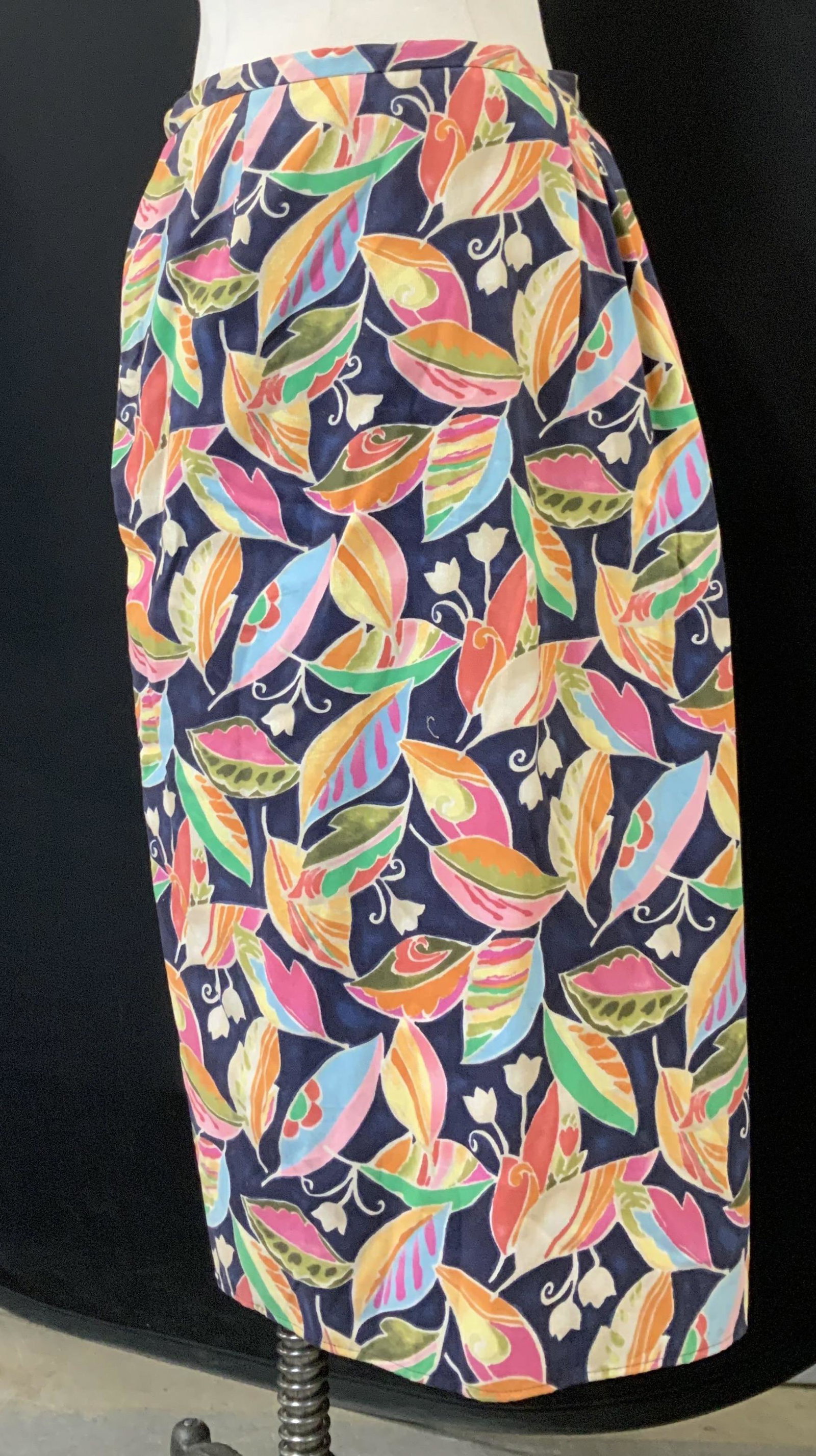 Talbots Petites Cotton Ankle Length Skirt: Talbots Petites Size 12, cotton corduroy leaf and tulip print skirt. ankle length , 31 in. Long. Navy with bright pink, yellow, sky blue, orange , and tan leaves and tulips. Designer Talbots, Casual W