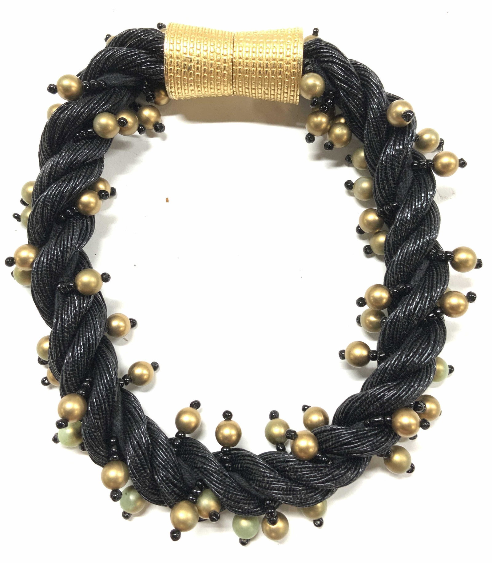 Twisted Cord Statement Choker Necklace: Beaded strands twisted into a thick cord accents with gold tone and green beads. Magnetic clasp. 1 in. Wide, 15.5 in. Long. Lightweight. Chunky jewelry, statement Jewelry, vintage jewelry, Estate Jewe