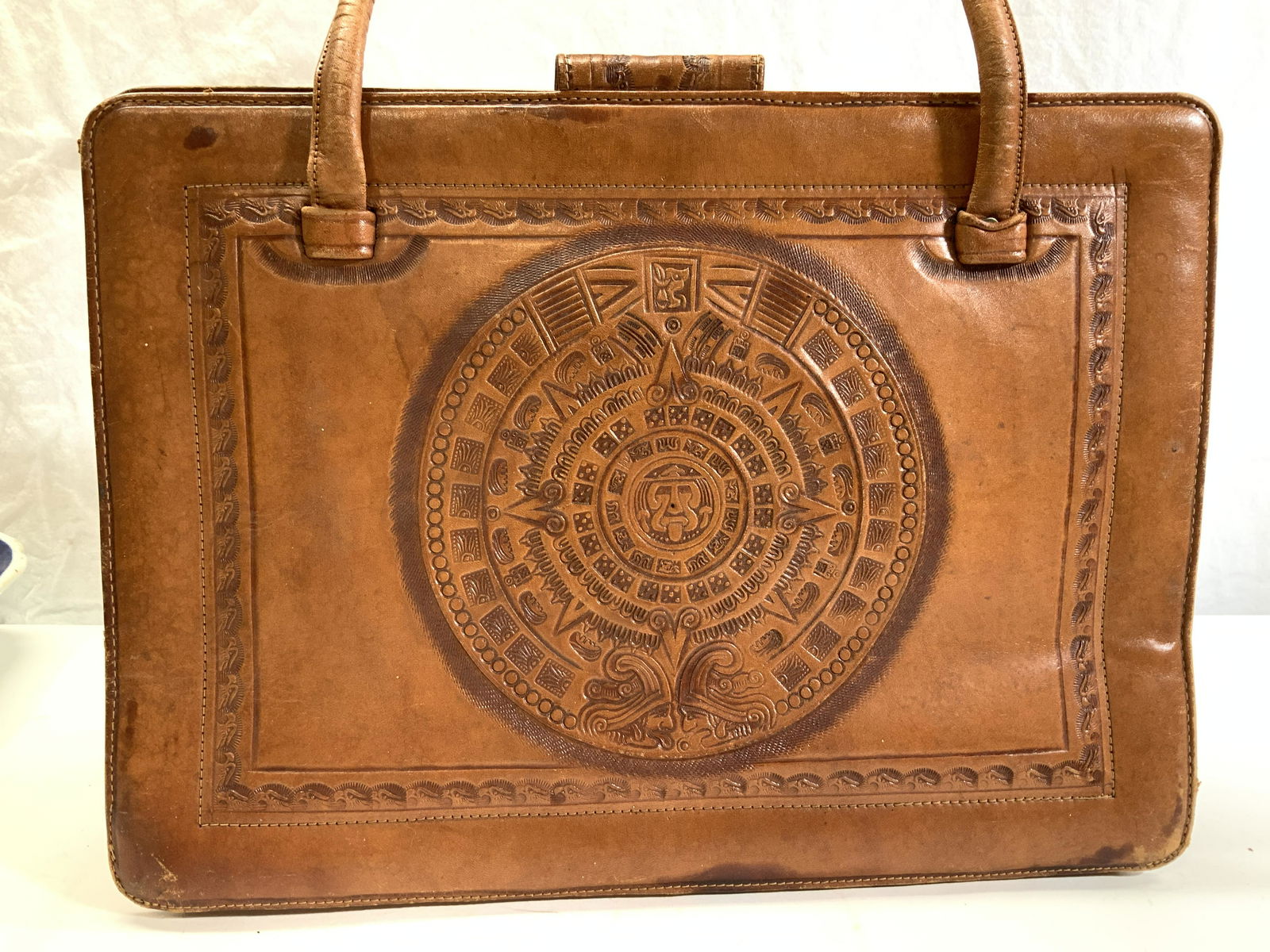 Artisanal Mexican Leather Handbag w Mayan Calendar (1 of 7)
