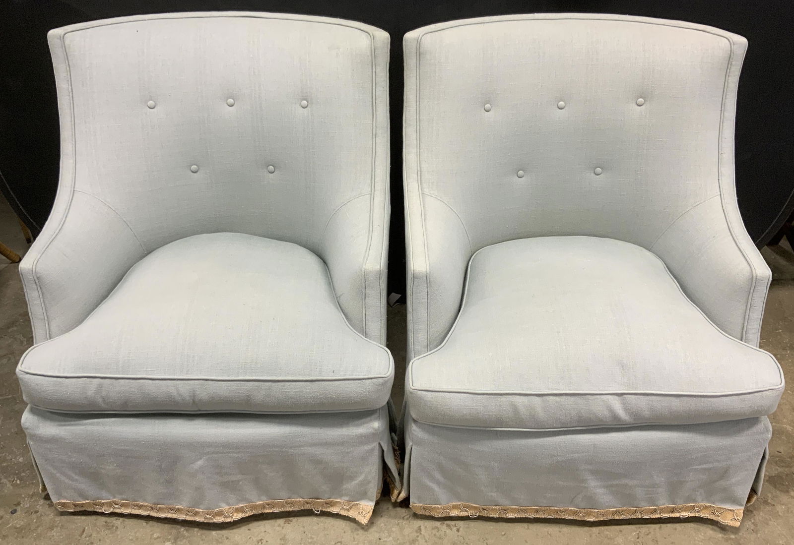 Pair Blue Skirted Tufted Wing Back Chairs (1 of 10)