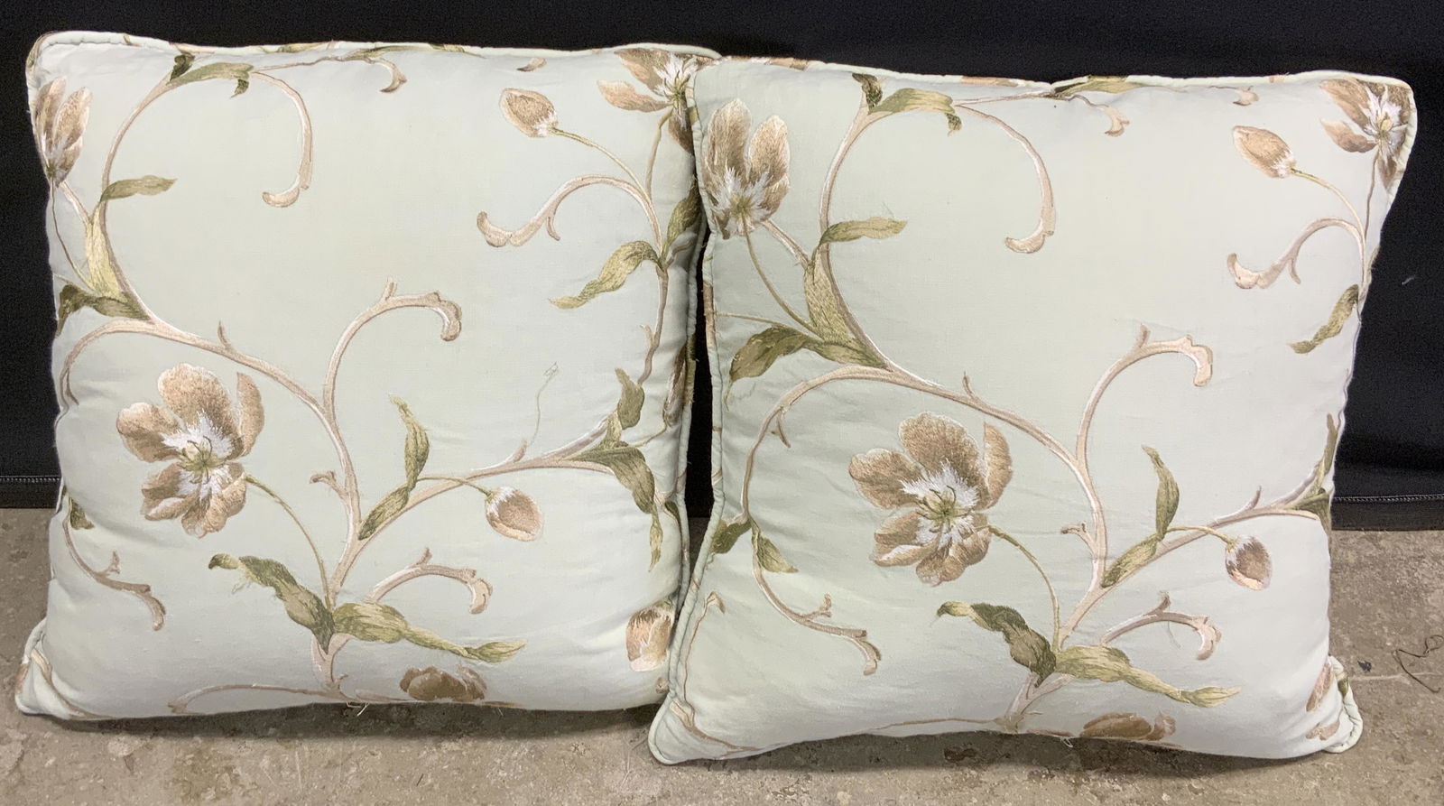 Pair Green Floral Embroidered Down Pillows (1 of 6)
