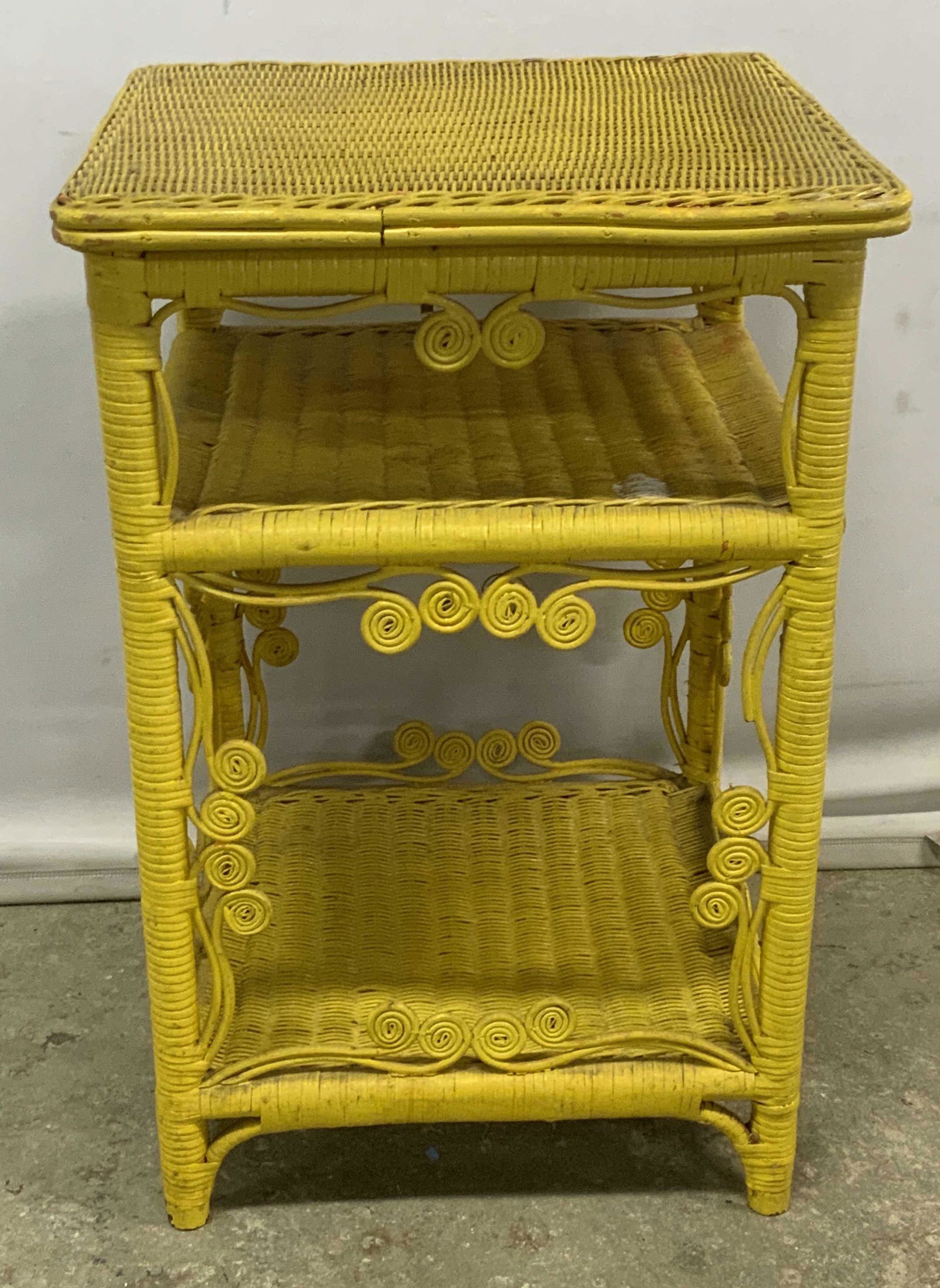 Vintage Yellow 2 Tiered Caned Side Table (1 of 8)