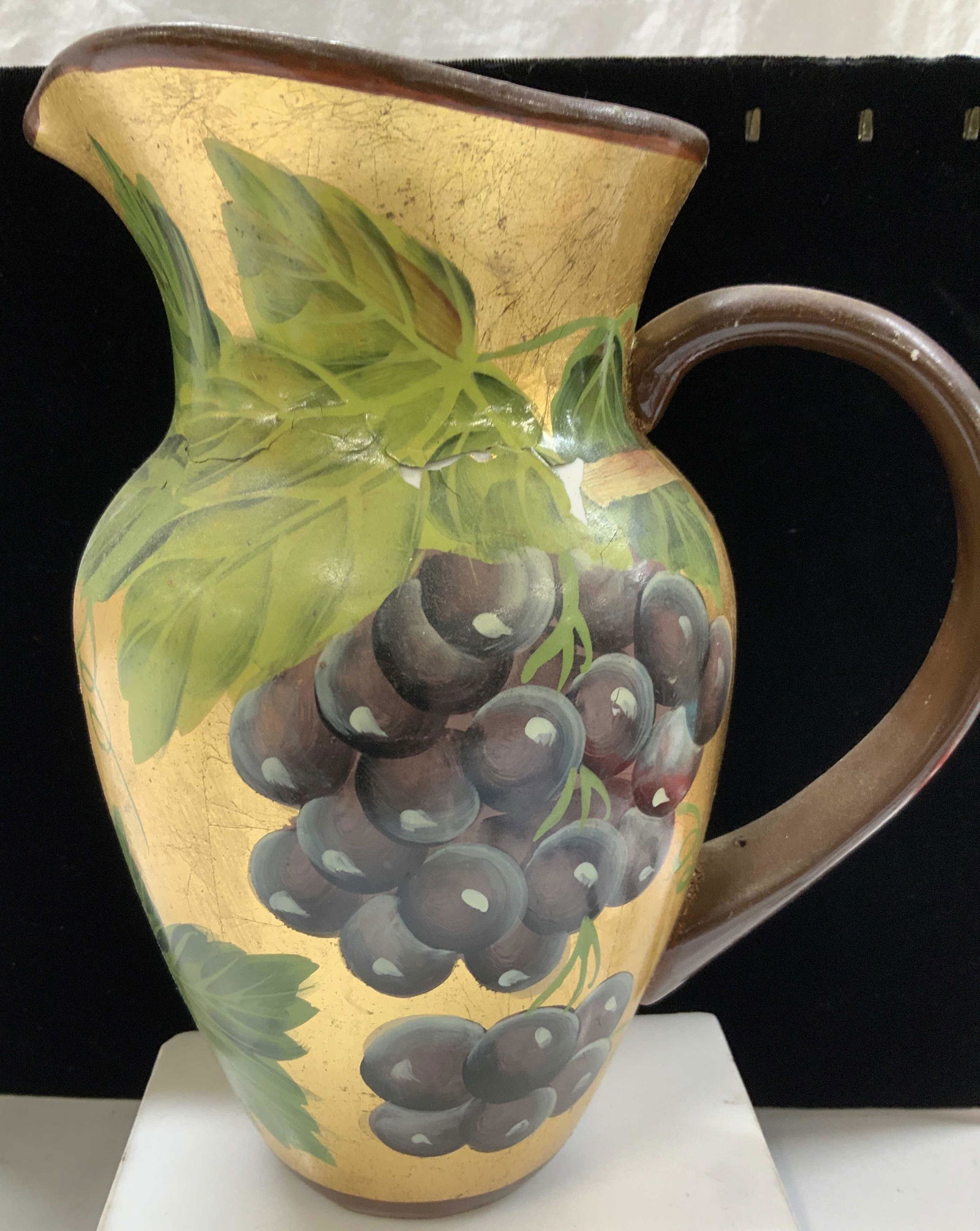 Gold Leaf Hand Painted Porcelain Pitcher: Vintage pitcher, up cycle as flower vase. Gold leaf and handed painted grape bunch motif. Areas on paint peeling. Measures 9 x 7.5 in. Ht x W Pitcher, flower vase, decorative art, Kitchenalia, Home de