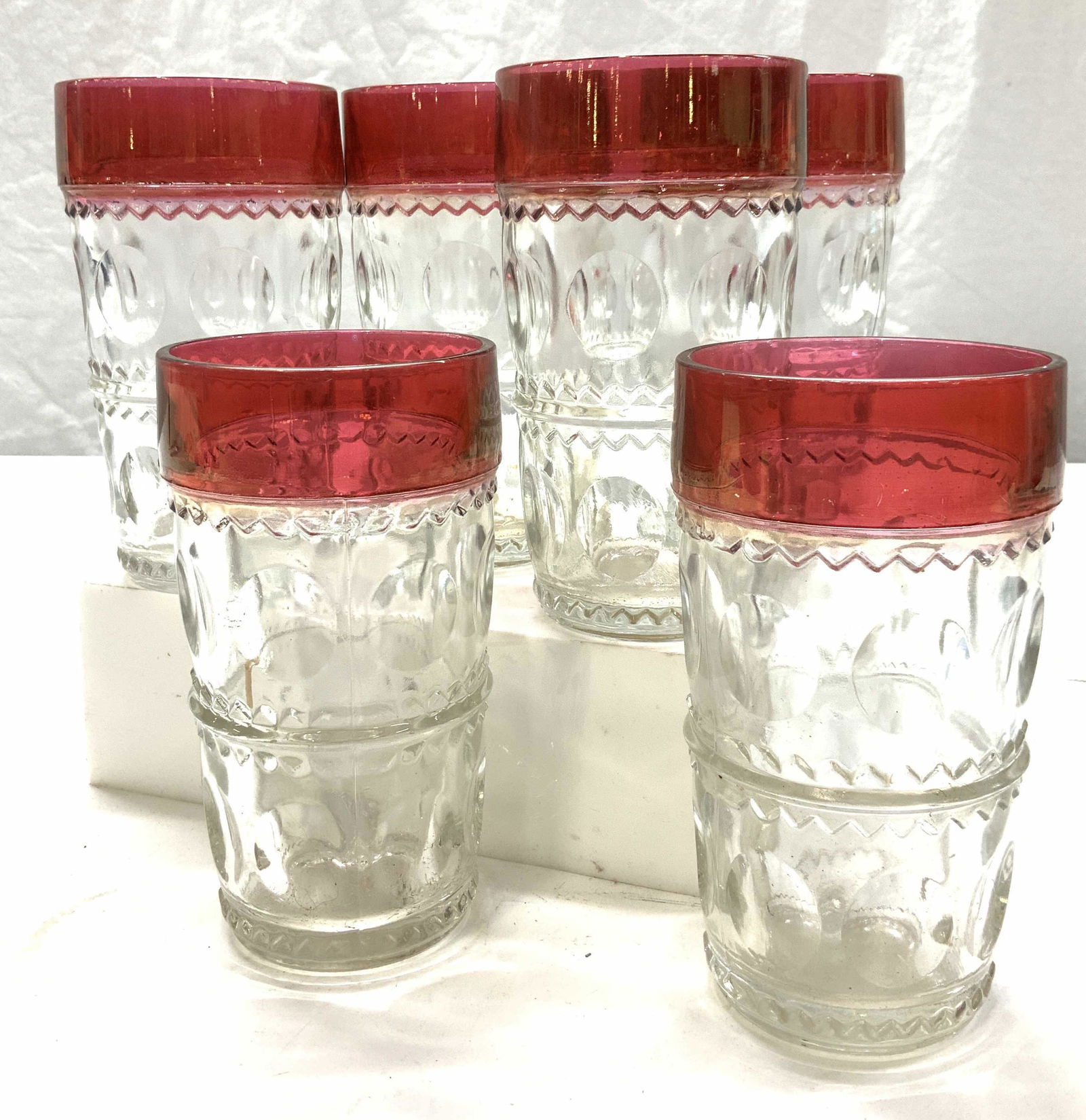 Set6 Mid Century Glass Cranberry &  Clear Tumblers (1 of 6)