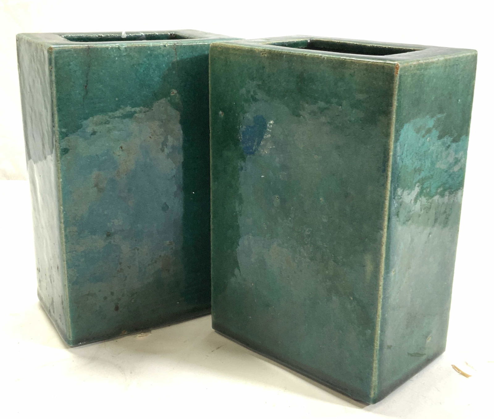 Pair Asian Teal Glazed Ceramic Minimalist Cachepot (1 of 7)