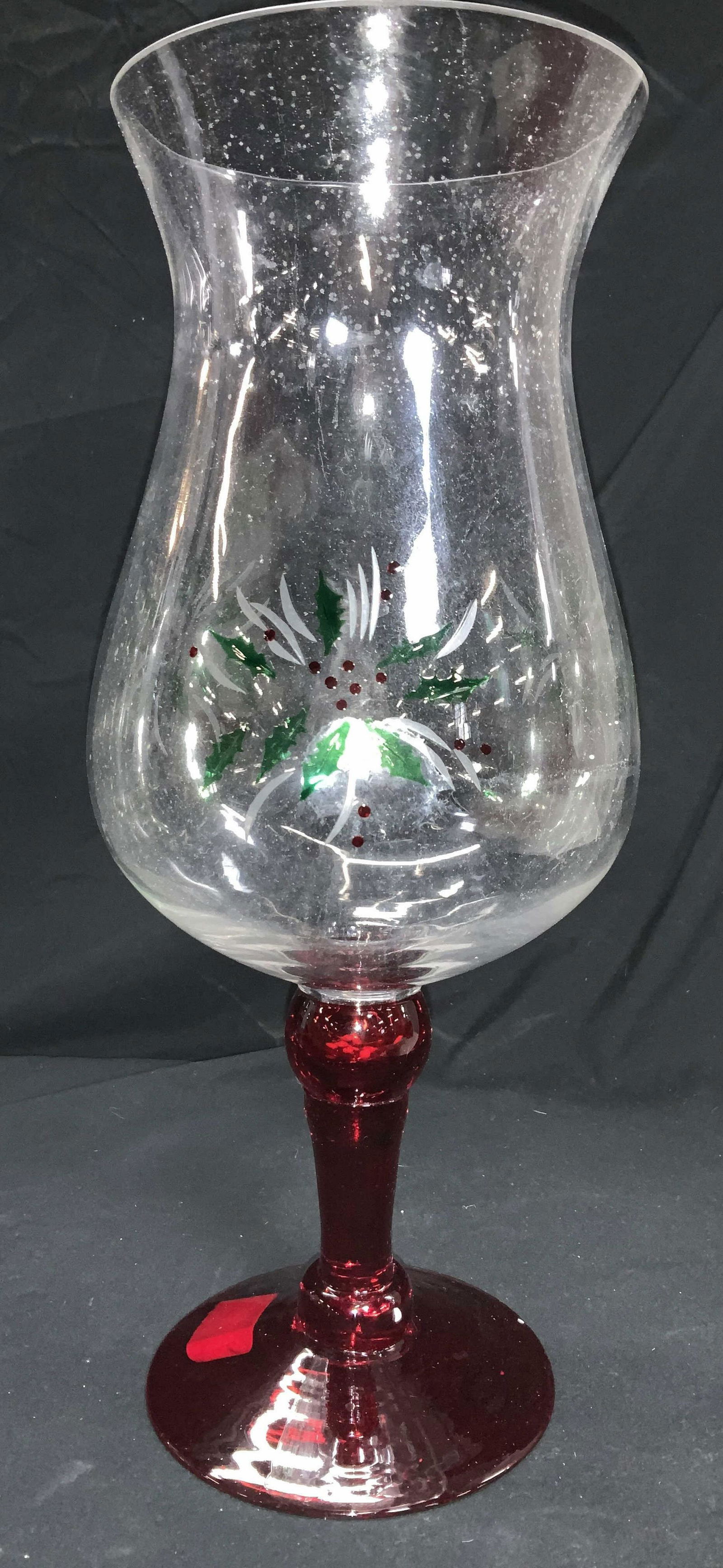 GORHAM Crystal Hurricane Candle Centerpiece NIB: Hand Painted Holly and Berry on crystal Hurricane with cranberry red pedestal. GORHAM stickers affixed to bottom. Measures 15.75 x 7 in. Comes with the original box with protective styrofoam. Festive