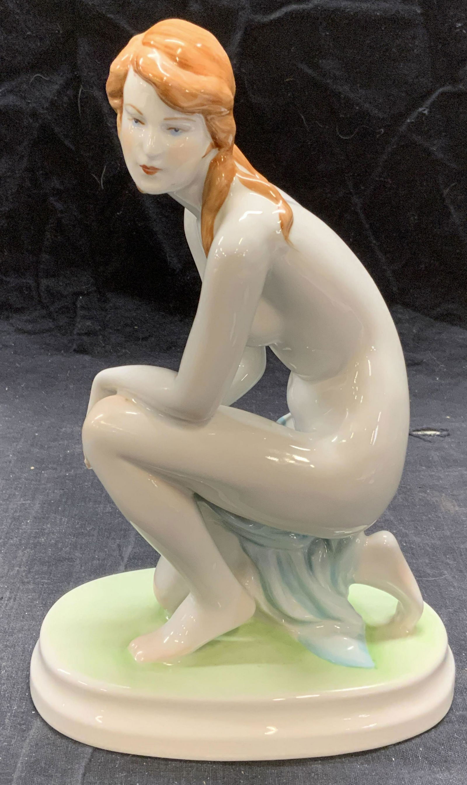 ZSOLNAY Porcelain Nude Figural, Hungary: ZSOLNAY Hungary porcelain figurine of a nude female figure. Trademarked to underside. In good condition. Measures approx. 6 x 3.5 x 8.75 inches. Zsolnay, ZSOLNAY figurine, female nude, figural, figuri