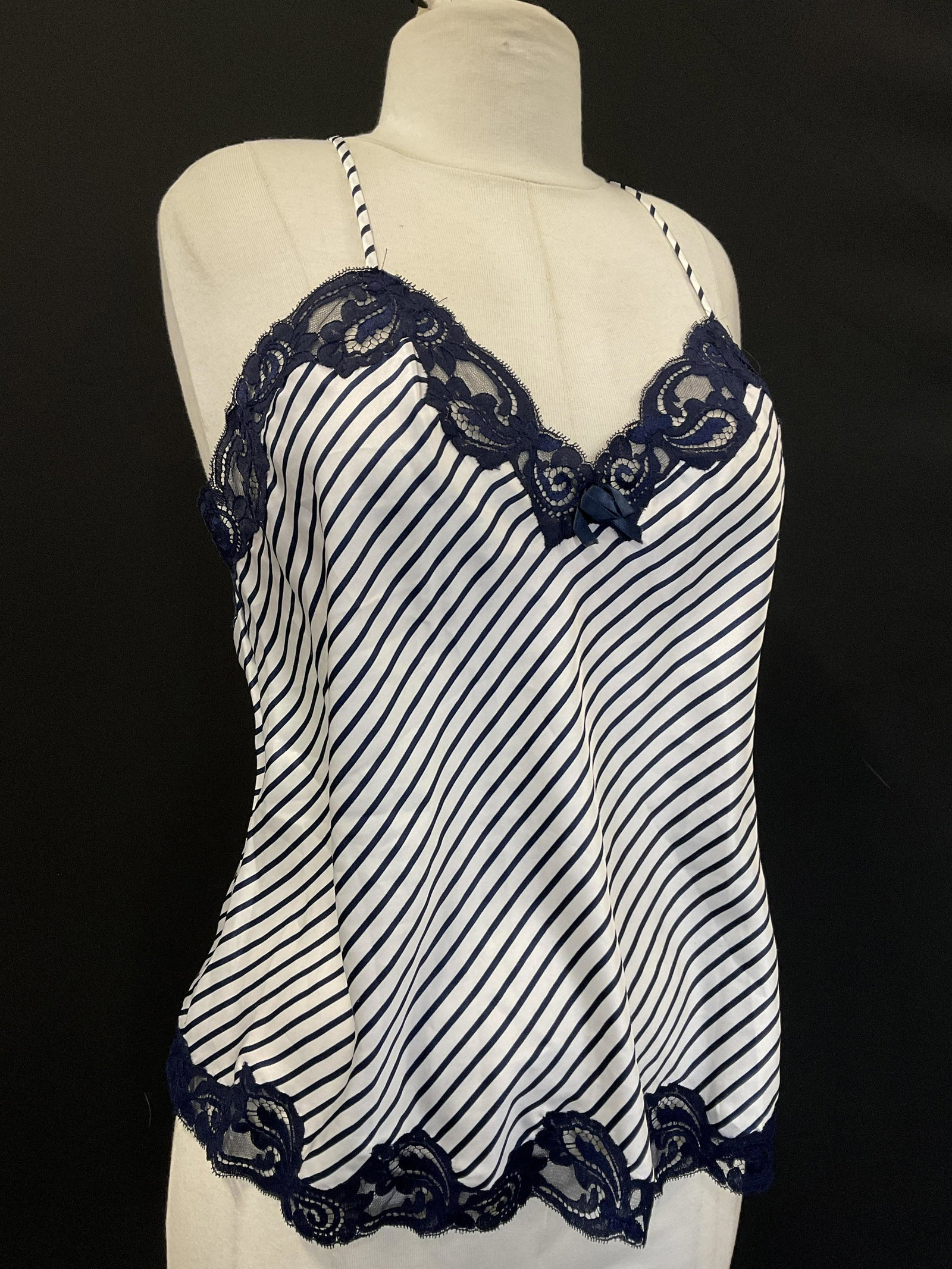 Christian Dior Striped Lace Detailed Camisole: Christian Dior Striped Lace Detailed Camisole. Size reads Large, label to tops reads Christian Dior Pair NY. Material label reads 100% polyester. Made in USA Possibly never used. No visible wear to pi