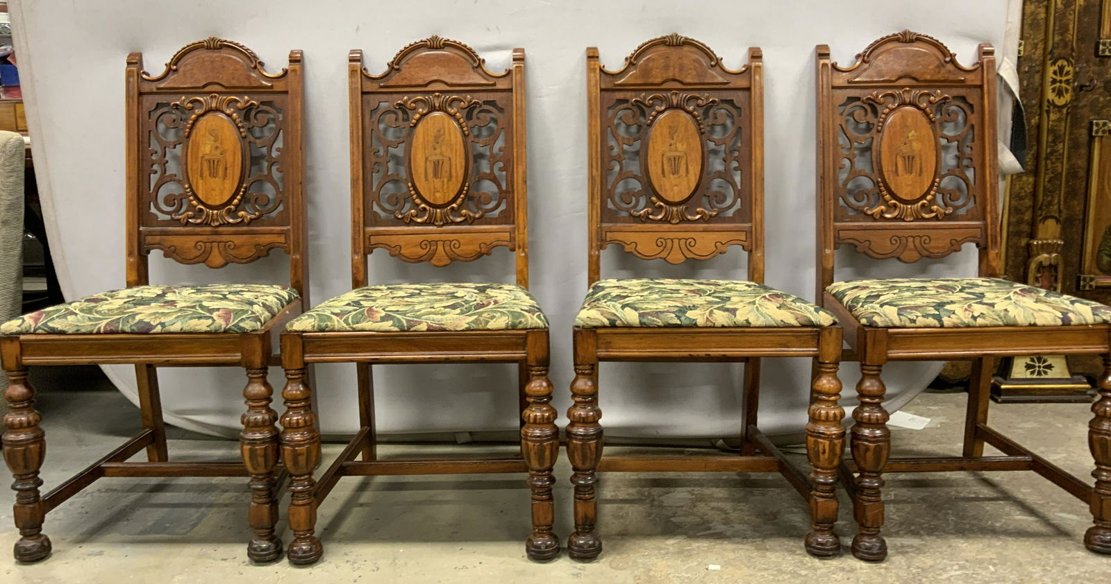 4 Jacobean Carved Wooden Marquetry Dining Chairs (1 of 12)