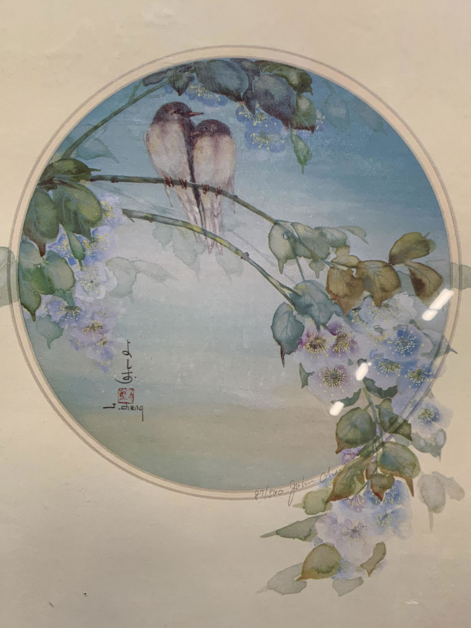 John Cheng Signed Asian Style Perched Bird Litho (1 of 9)