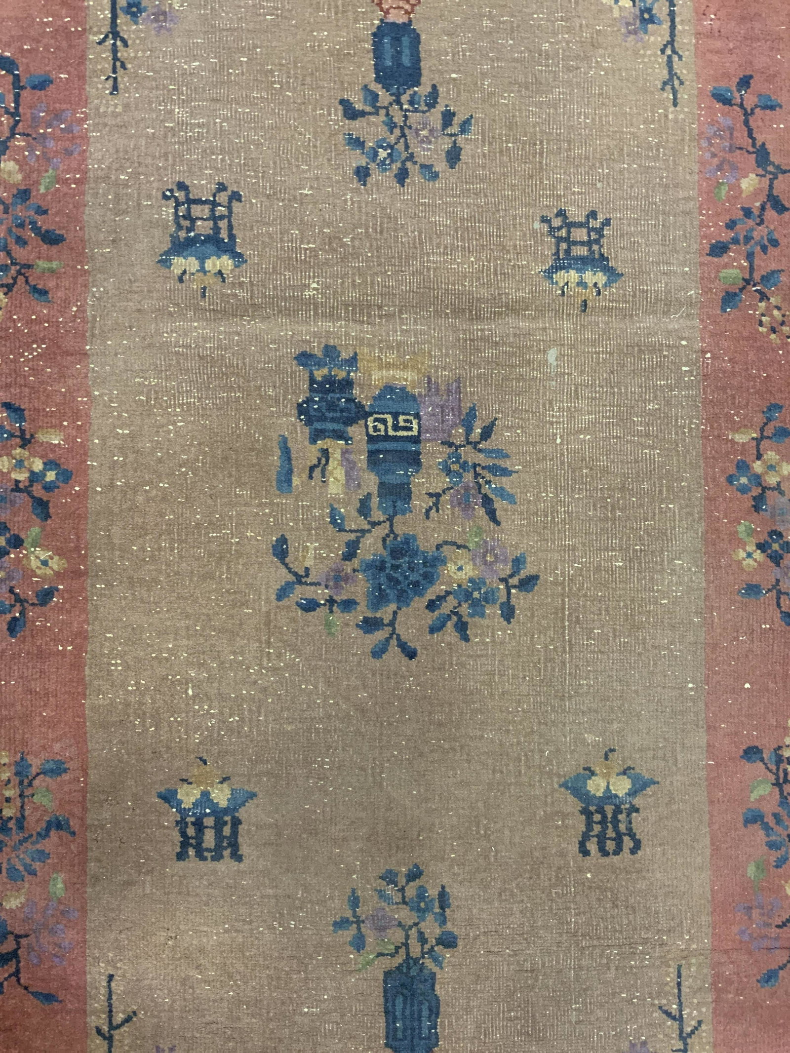 Vintage Handmade Chinese Art Deco Wool Rug: Rug is handmade and wool. Piece has intricate multi toned floral, vine and leaf in vase detail. Rug is vintage possibly antique. Measures approx 70 inches long 36 inches wide. Rug, carpet, vintage rug